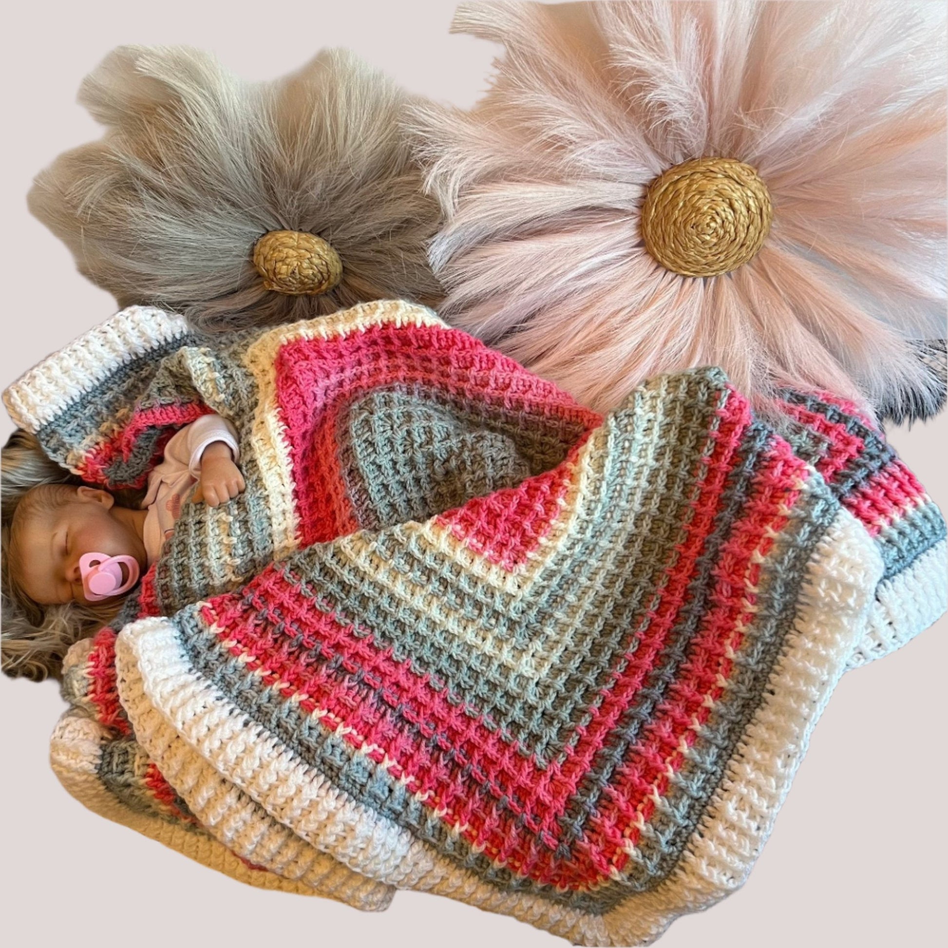 Baby blanket- 36”x36” handmade crochet waffle stitch - pink, white, and gray colors, baby shower gift, handmade heirloom baby blanket - Lilly Grace Sparkle Boutique