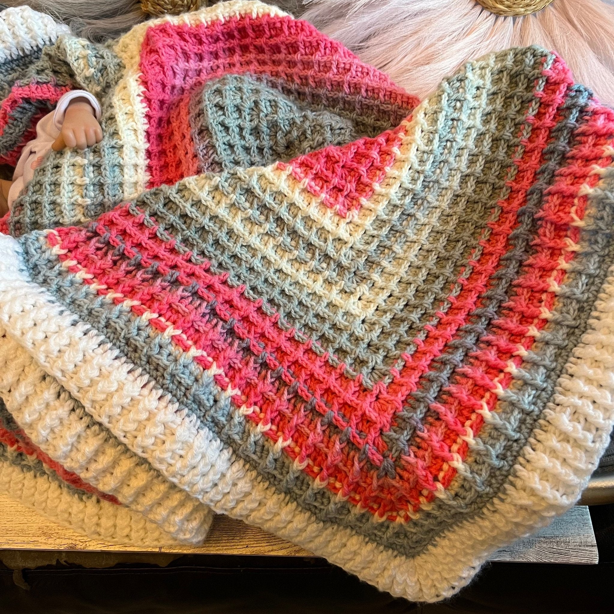 Baby blanket- 36”x36” handmade crochet waffle stitch - pink, white, and gray colors, baby shower gift, handmade heirloom baby blanket - Lilly Grace Sparkle Boutique