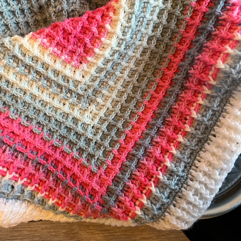 Baby blanket- 36”x36” handmade crochet waffle stitch - pink, white, and gray colors, baby shower gift, handmade heirloom baby blanket - Lilly Grace Sparkle Boutique