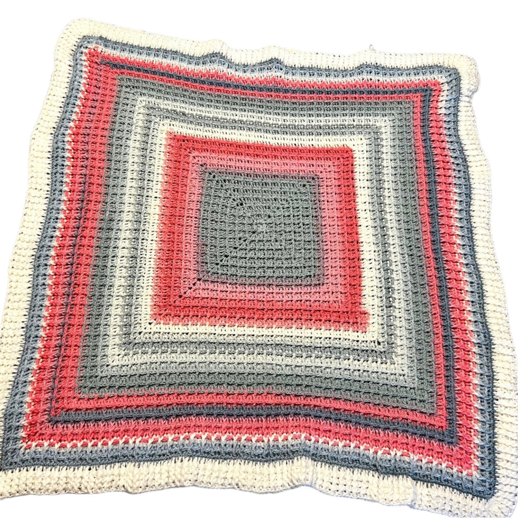 Baby blanket- 36”x36” handmade crochet waffle stitch - pink, white, and gray colors, baby shower gift, handmade heirloom baby blanket - Lilly Grace Sparkle Boutique