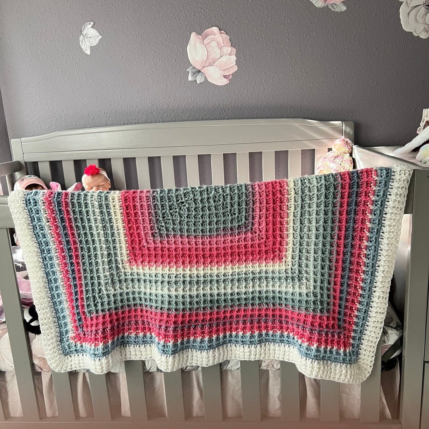 Baby blanket- 36”x36” handmade crochet waffle stitch - pink, white, and gray colors, baby shower gift, handmade heirloom baby blanket - Lilly Grace Sparkle Boutique