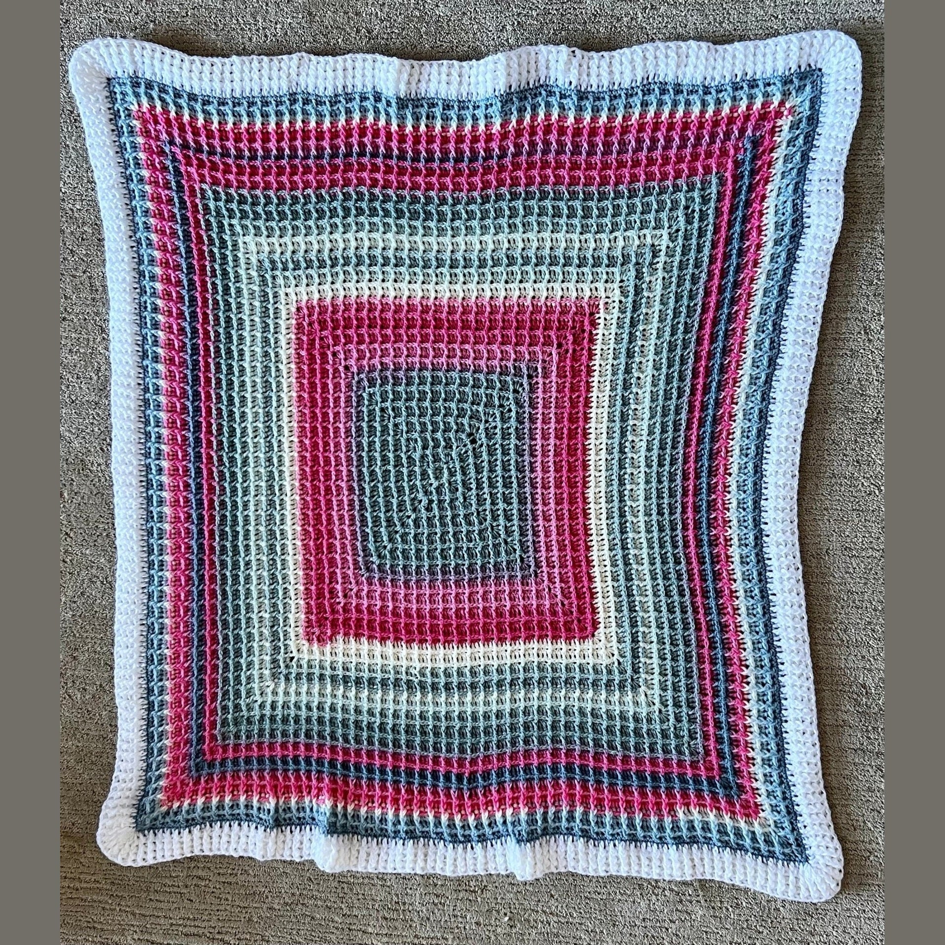 Baby blanket- 36”x36” handmade crochet waffle stitch - pink, white, and gray colors, baby shower gift, handmade heirloom baby blanket - Lilly Grace Sparkle Boutique