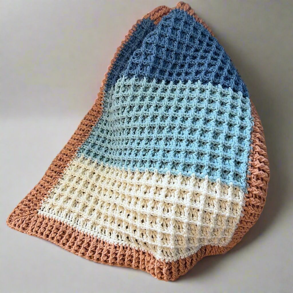 Beach vibes baby blanket in blue, white, and light brown. Modern heirloom blanket, baby shower gift 27”x23” cradle/ basinet/carseat blanket - Lilly Grace Sparkle Boutique