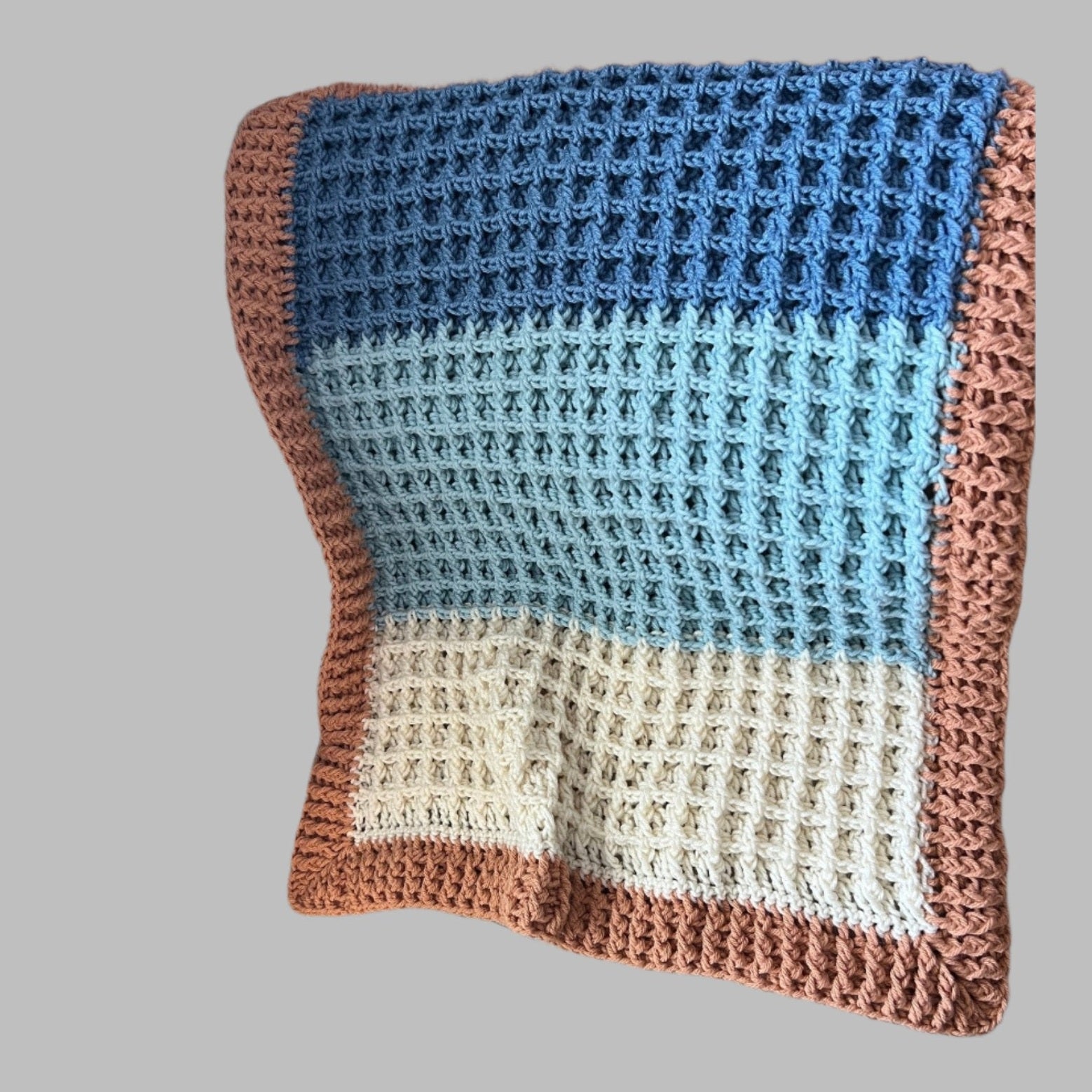 Beach vibes baby blanket in blue, white, and light brown. Modern heirloom blanket, baby shower gift 27”x23” cradle/ basinet/carseat blanket - Lilly Grace Sparkle Boutique
