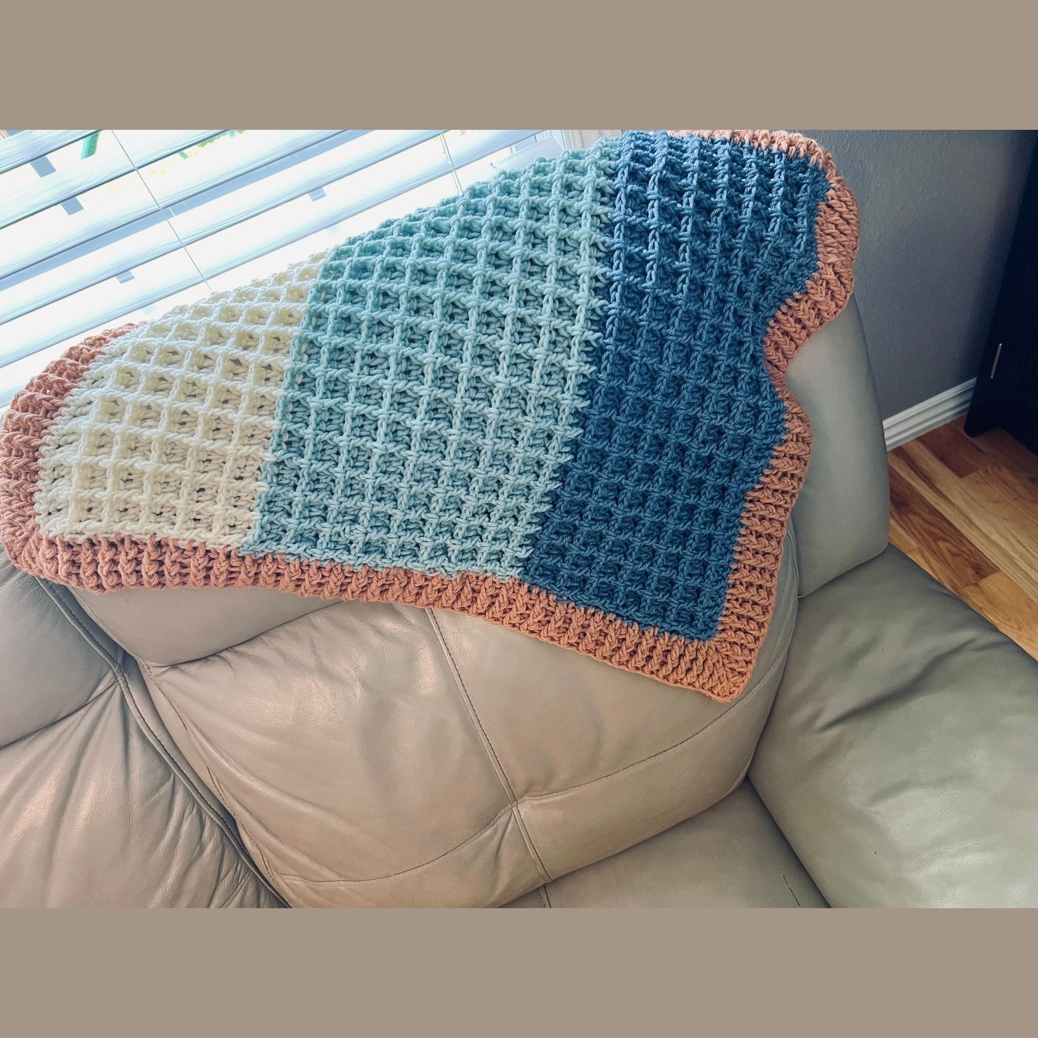 Beach vibes baby blanket in blue, white, and light brown. Modern heirloom blanket, baby shower gift 27”x23” cradle/ basinet/carseat blanket - Lilly Grace Sparkle Boutique