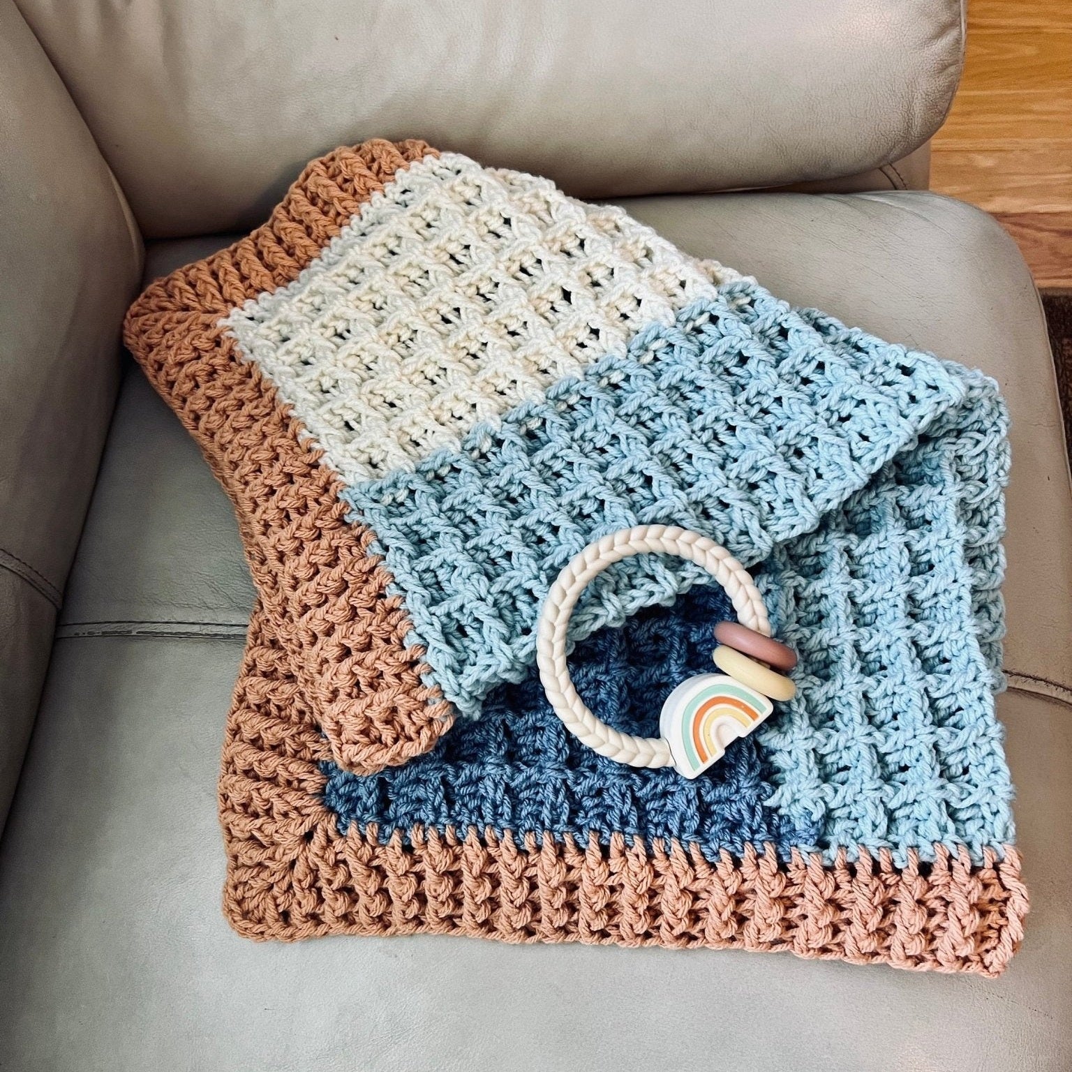 Beach vibes baby blanket in blue, white, and light brown. Modern heirloom blanket, baby shower gift 27”x23” cradle/ basinet/carseat blanket - Lilly Grace Sparkle Boutique