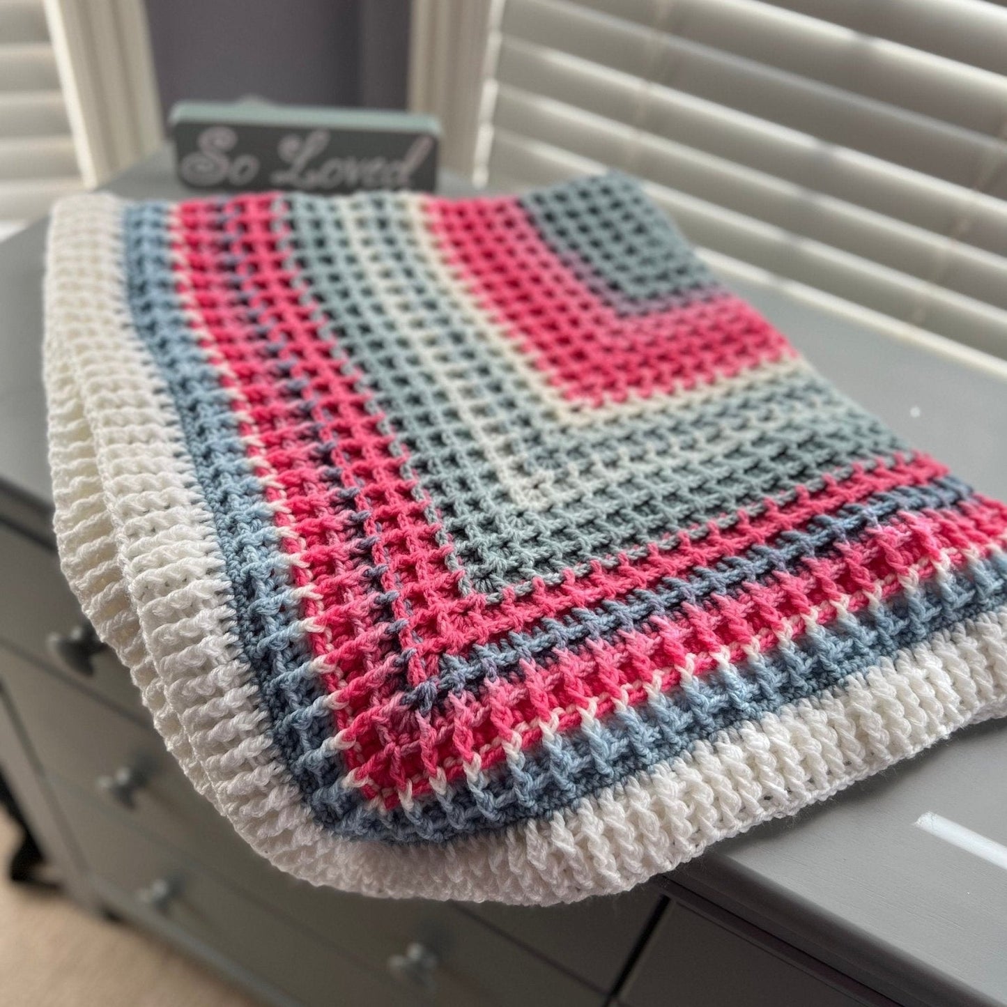 Blanket for baby girl handmade. Pink, white, and gray colors. Baby shower gift, first birthday gift. Modern heirloom blanket. - Lilly Grace Sparkle Boutique