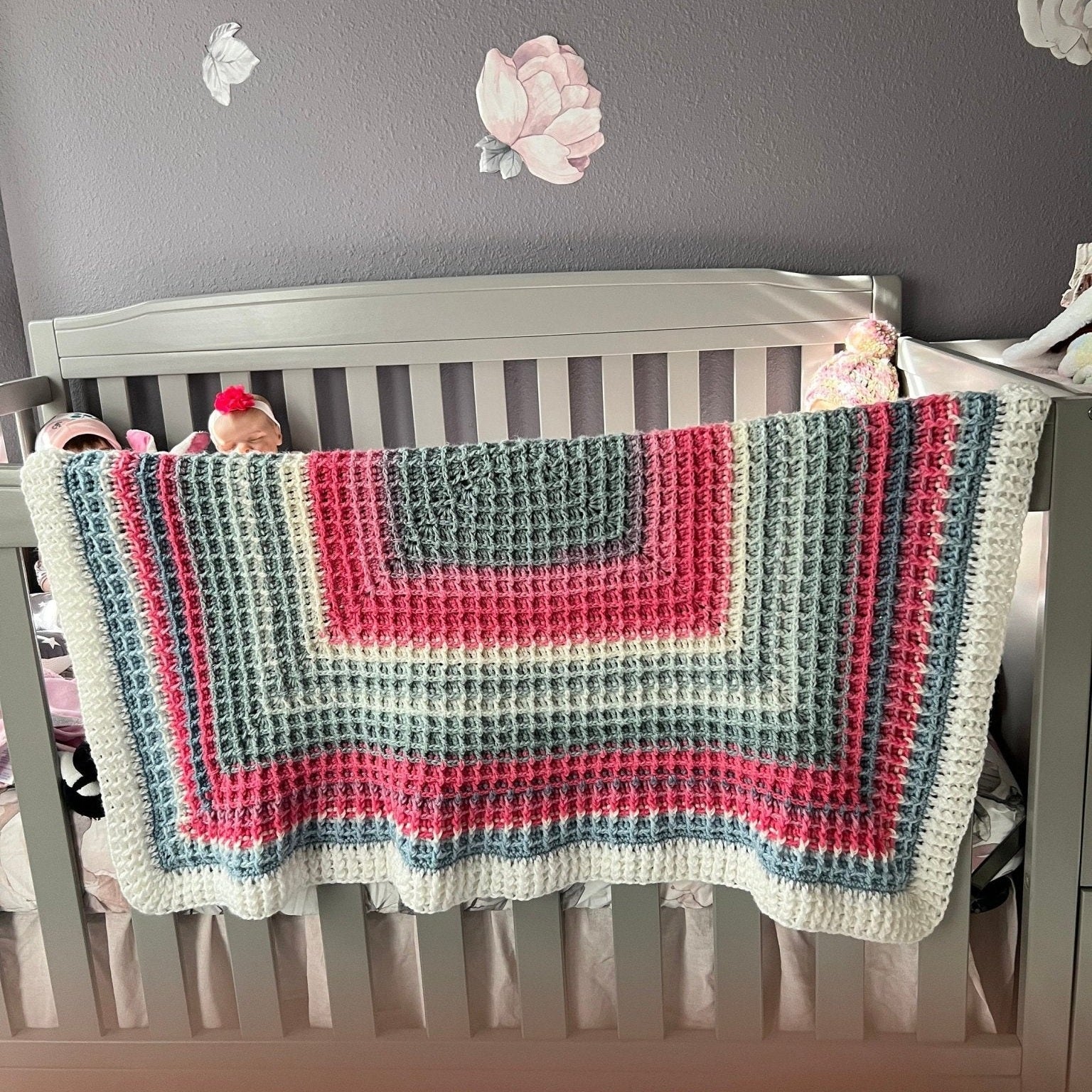 Blanket for baby girl handmade. Pink, white, and gray colors. Baby shower gift, first birthday gift. Modern heirloom blanket. - Lilly Grace Sparkle Boutique