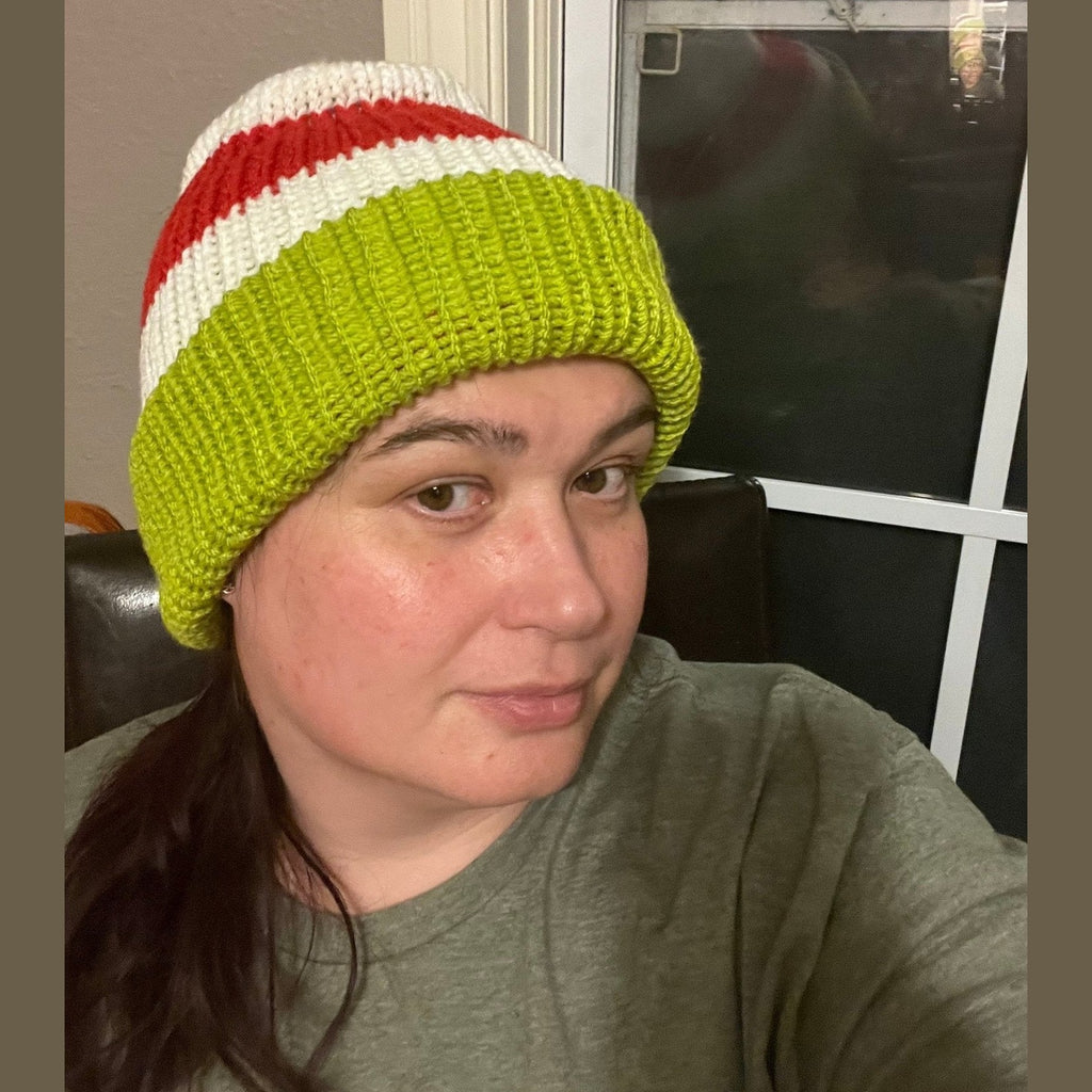 Christmas beanie hat for woman, red-white- lime green colored, Grinch hat, woman’s Grinch hat, adult size Christmas beanie hat - Lilly Grace Sparkle Boutique