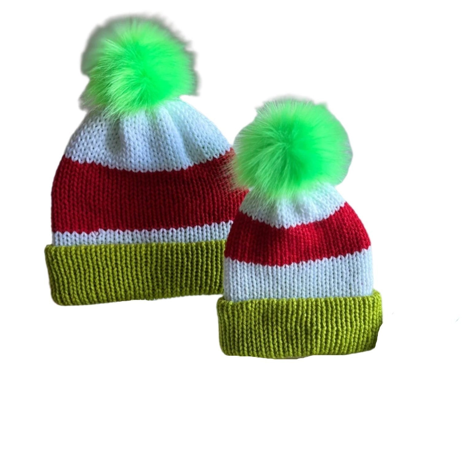Christmas beanie hat for woman with faux fur pompom, red-white- lime green colored, Grinch hat, woman’s Grinch hat, Christmas beanie hat - Lilly Grace Sparkle Boutique