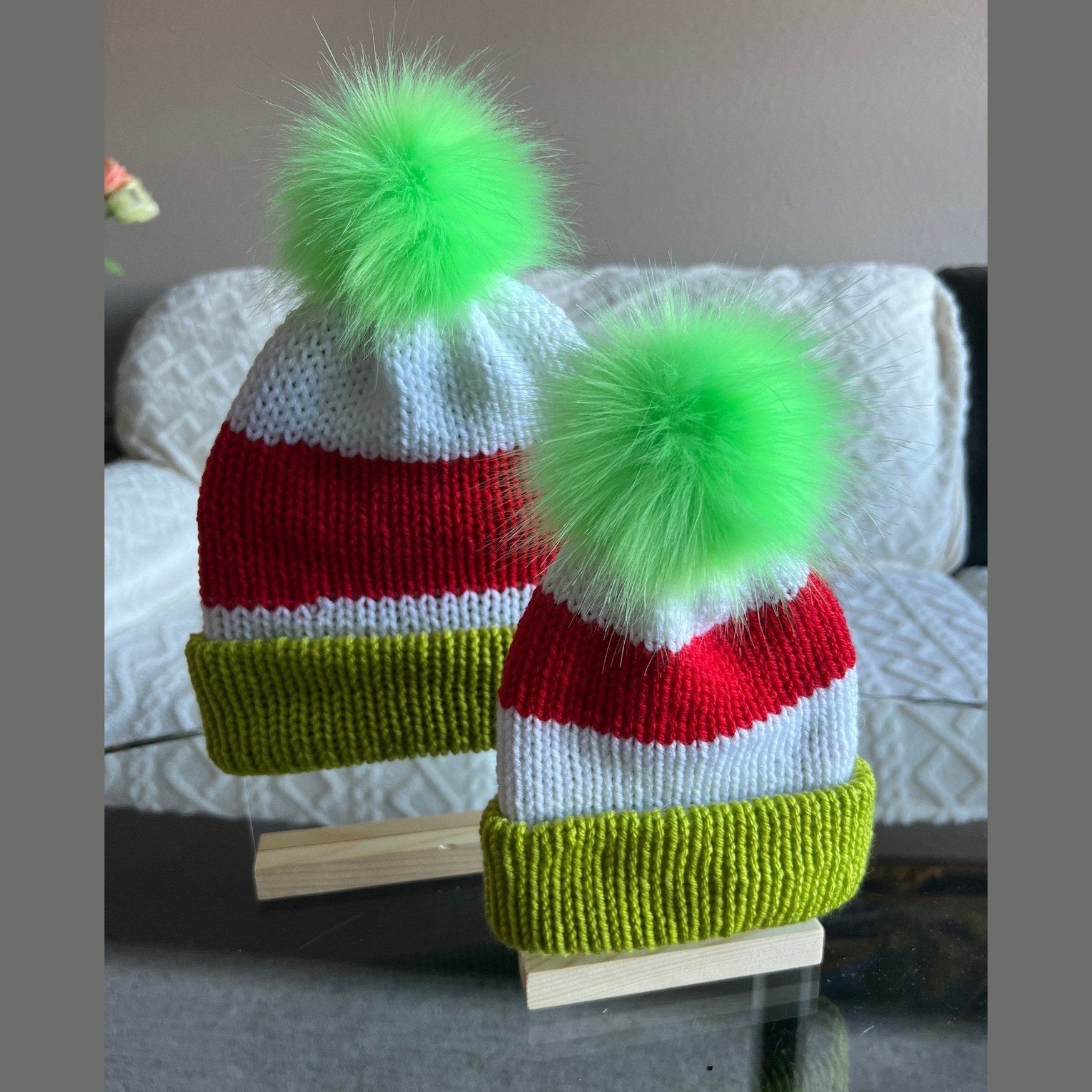 Christmas beanie hat for woman with faux fur pompom, red-white- lime green colored, Grinch hat, woman’s Grinch hat, Christmas beanie hat - Lilly Grace Sparkle Boutique