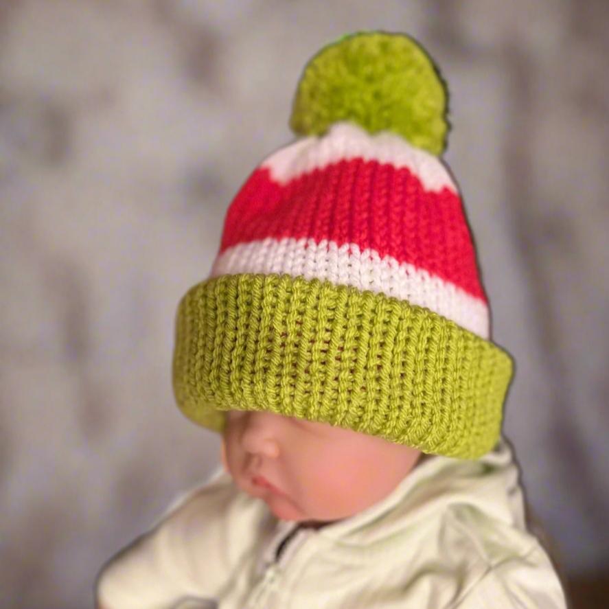 Christmas beanie hat, red-white- lime green colored, sizes newborn to adult, Grinch hat, baby Grinch hat, woman’s grinch hat, toddler beanie - Lilly Grace Sparkle Boutique