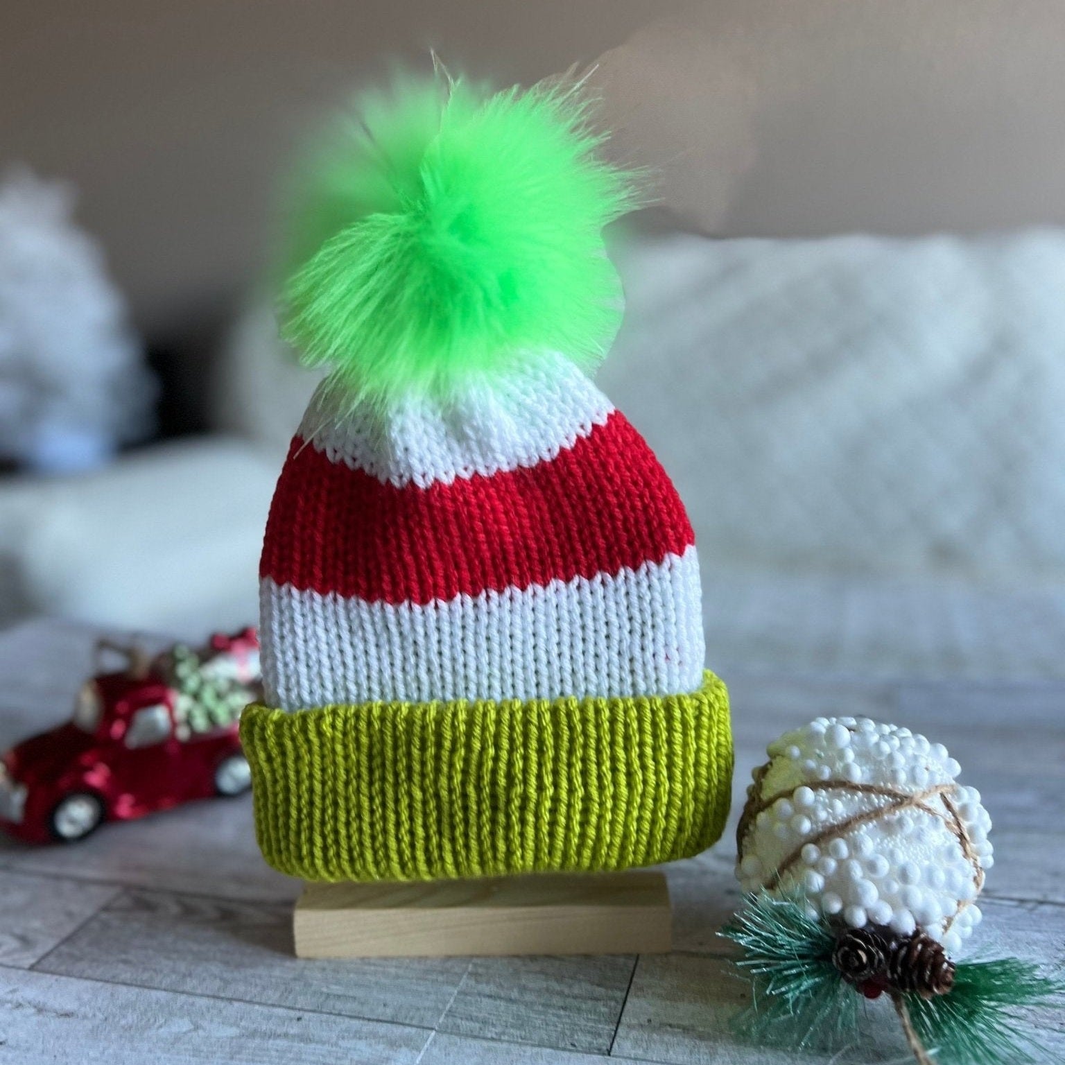 Christmas beanie hat with faux fur pompom, red-white- lime green colored hat for baby, neborn to adult size Christmas beanie hat - Lilly Grace Sparkle Boutique