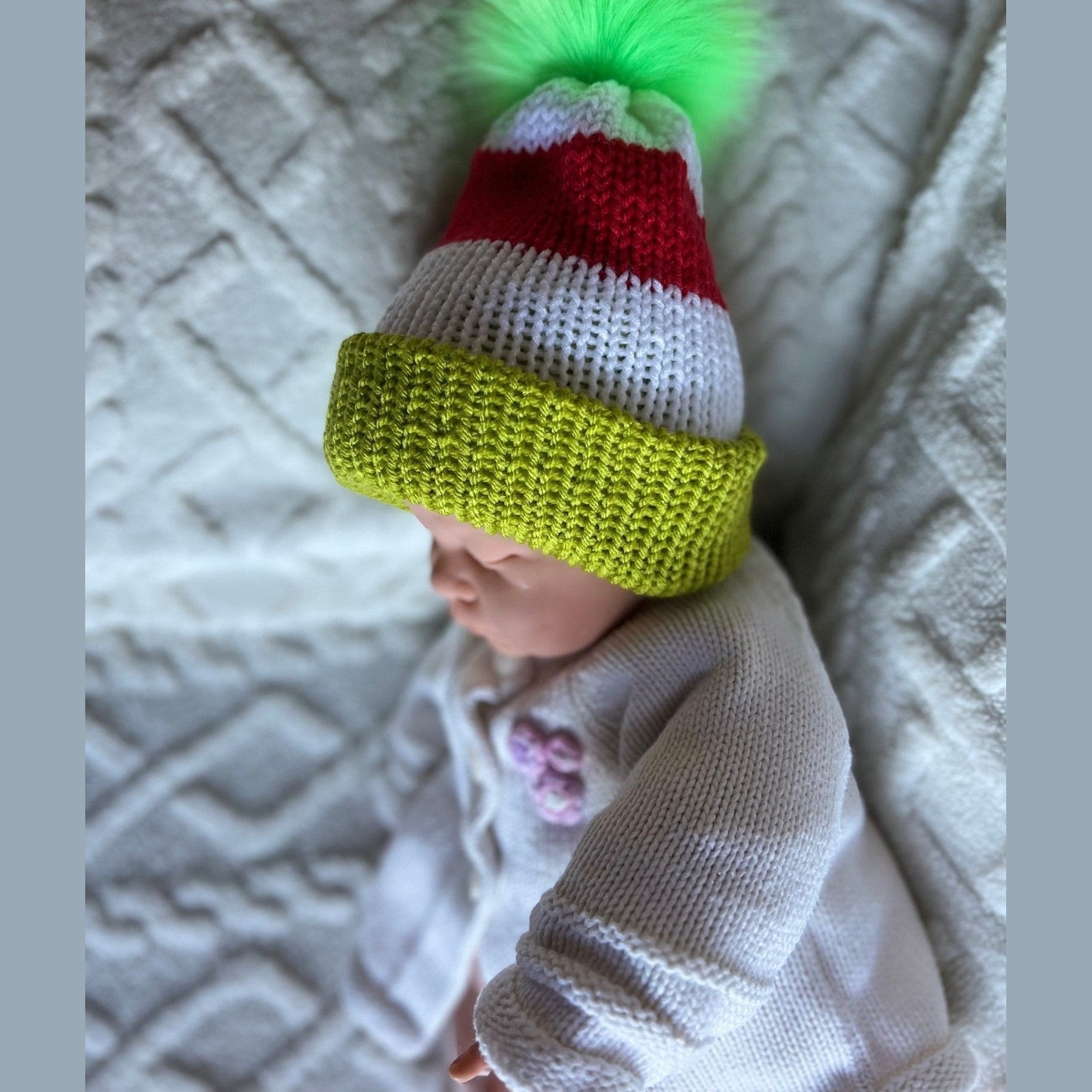 Christmas beanie hat with faux fur pompom, red-white- lime green colored hat for baby, neborn to adult size Christmas beanie hat - Lilly Grace Sparkle Boutique
