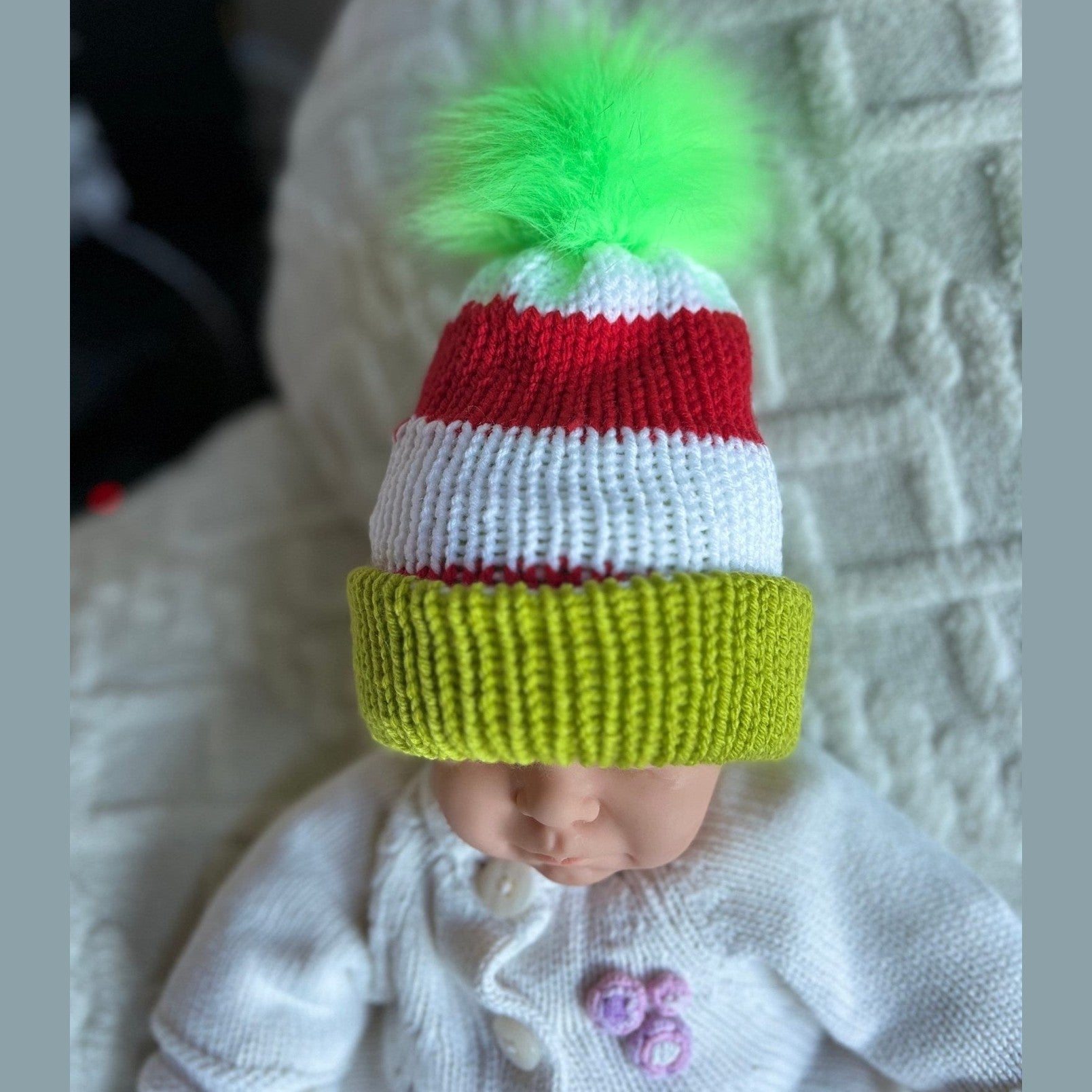 Christmas beanie hat with faux fur pompom, red-white- lime green colored hat for baby, neborn to adult size Christmas beanie hat - Lilly Grace Sparkle Boutique