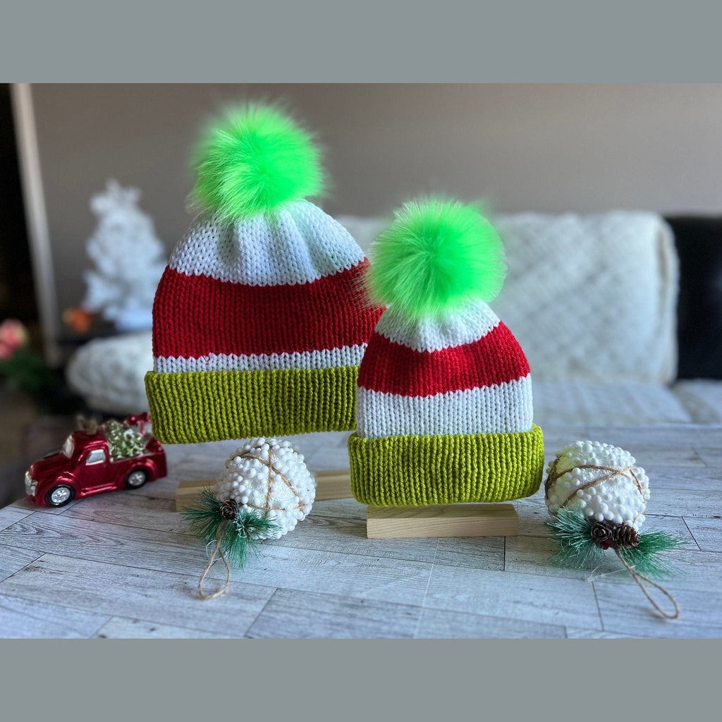 Christmas striped beanie hat with faux fur pompom, red-white- lime green colored hat for baby, neborn to adult size Christmas beanie hat - Lilly Grace Sparkle Boutique