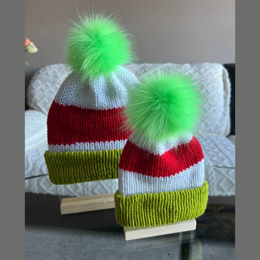 Christmas striped beanie hat with faux fur pompom, red-white- lime green colored hat for baby, neborn to adult size Christmas beanie hat - Lilly Grace Sparkle Boutique