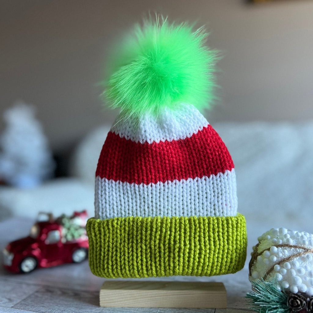 Christmas striped beanie hat with faux fur pompom, red-white- lime green colored hat for baby, neborn to adult size Christmas beanie hat - Lilly Grace Sparkle Boutique