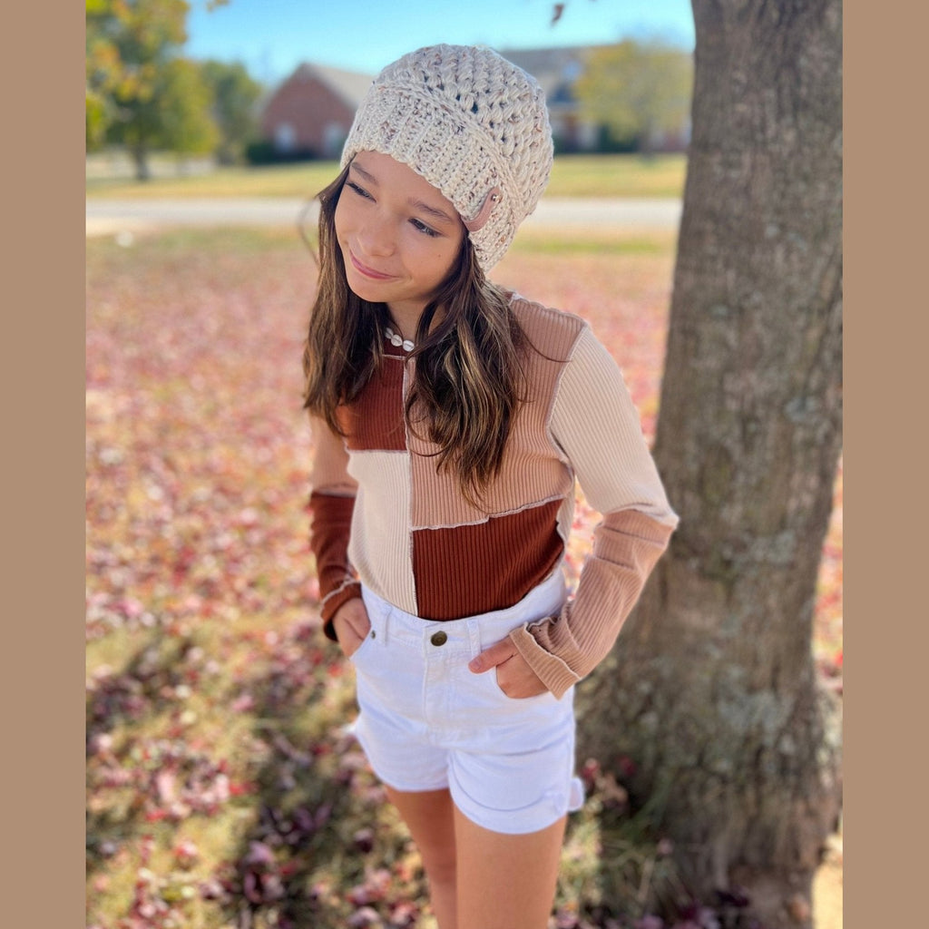 Claire beanie hat, handmade crochet. Color linen. Fall or winter weather trendy crochet beanie. Other colors available, see listing photos - Lilly Grace Sparkle Boutique