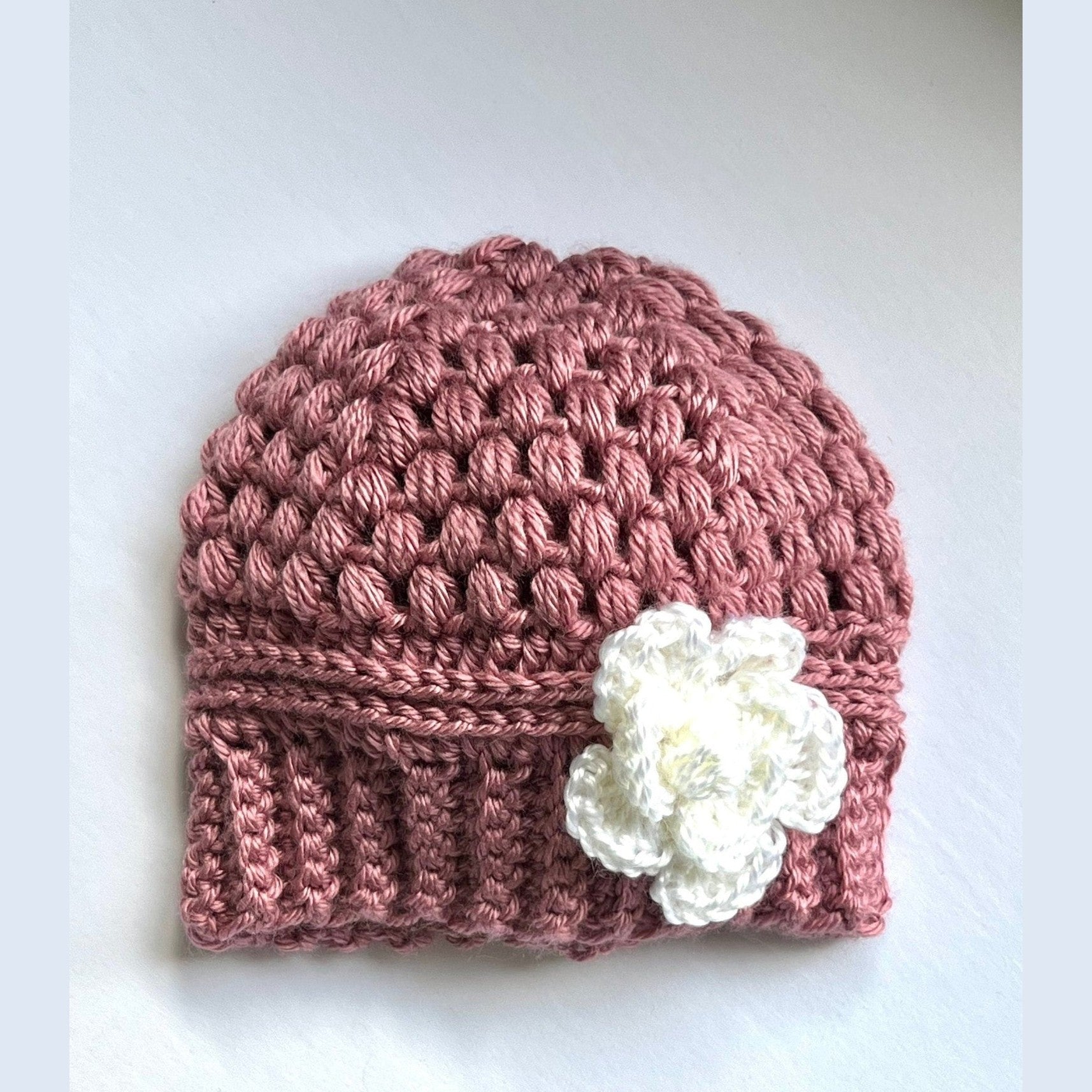 Baby girl hat, crochet hat for baby girl dusty rose pink with white crochet flower, fall or winter weather crochet hat various sizes - Lilly Grace Sparkle Boutique