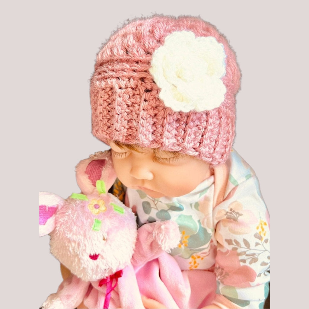 Baby girl hat, crochet hat for baby girl dusty rose pink with white crochet flower, fall or winter weather crochet hat various sizes - Lilly Grace Sparkle Boutique