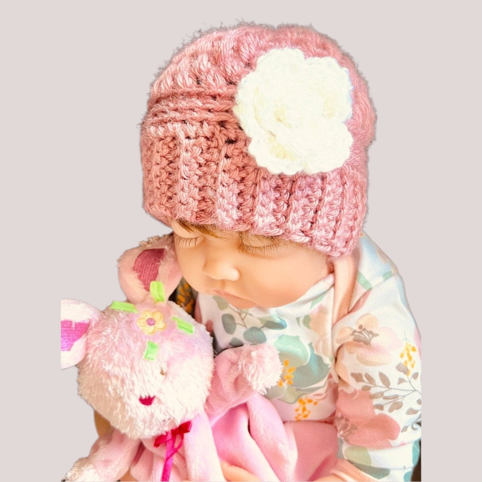 Baby girl hat, crochet hat for baby girl dusty rose pink with white crochet flower, fall or winter weather crochet hat various sizes - Lilly Grace Sparkle Boutique
