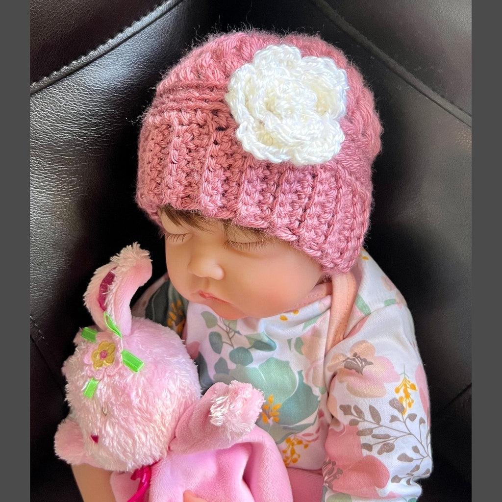 Baby girl hat, crochet hat for baby girl dusty rose pink with white crochet flower, fall or winter weather crochet hat various sizes - Lilly Grace Sparkle Boutique