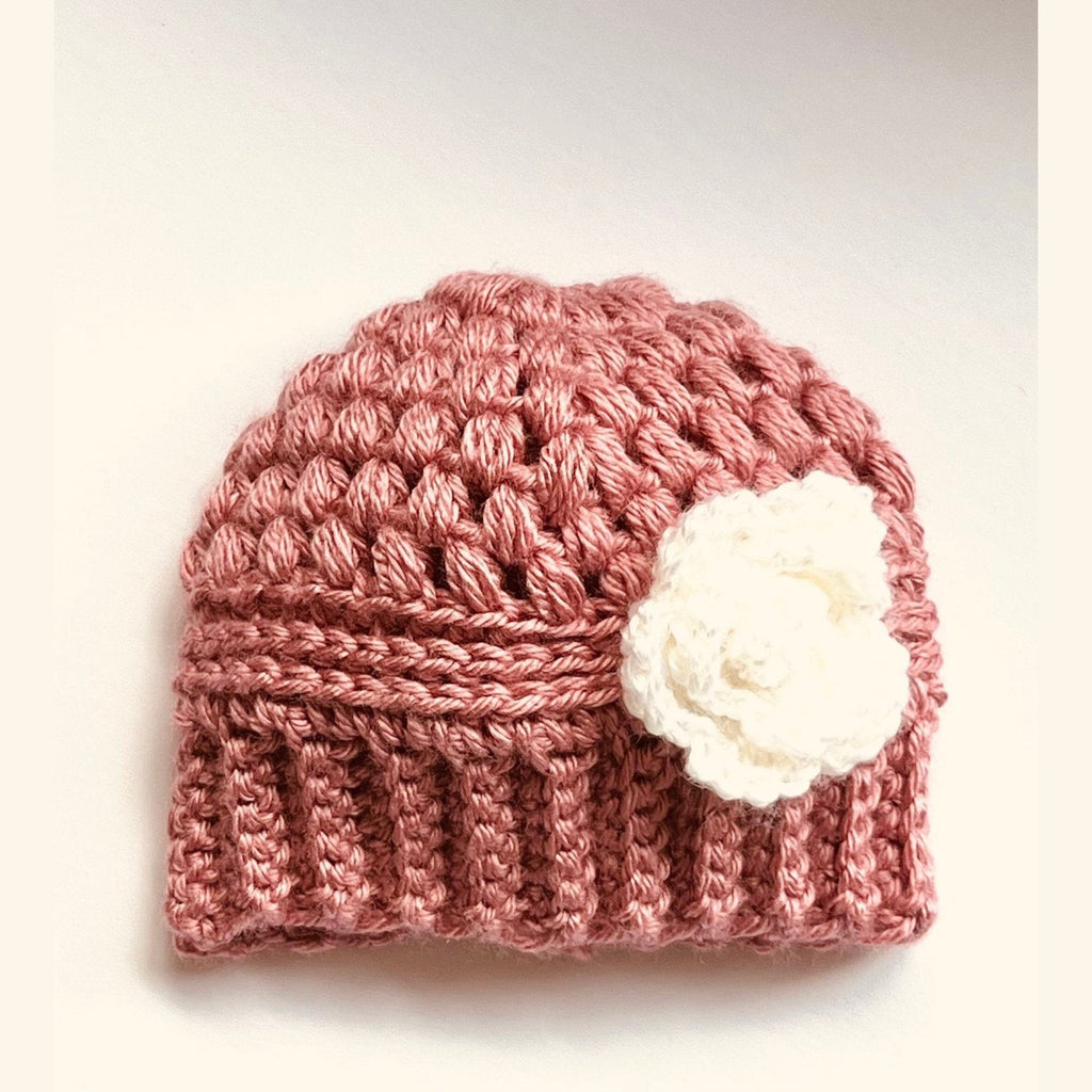 Baby girl hat, crochet hat for baby girl dusty rose pink with white crochet flower, fall or winter weather crochet hat various sizes - Lilly Grace Sparkle Boutique