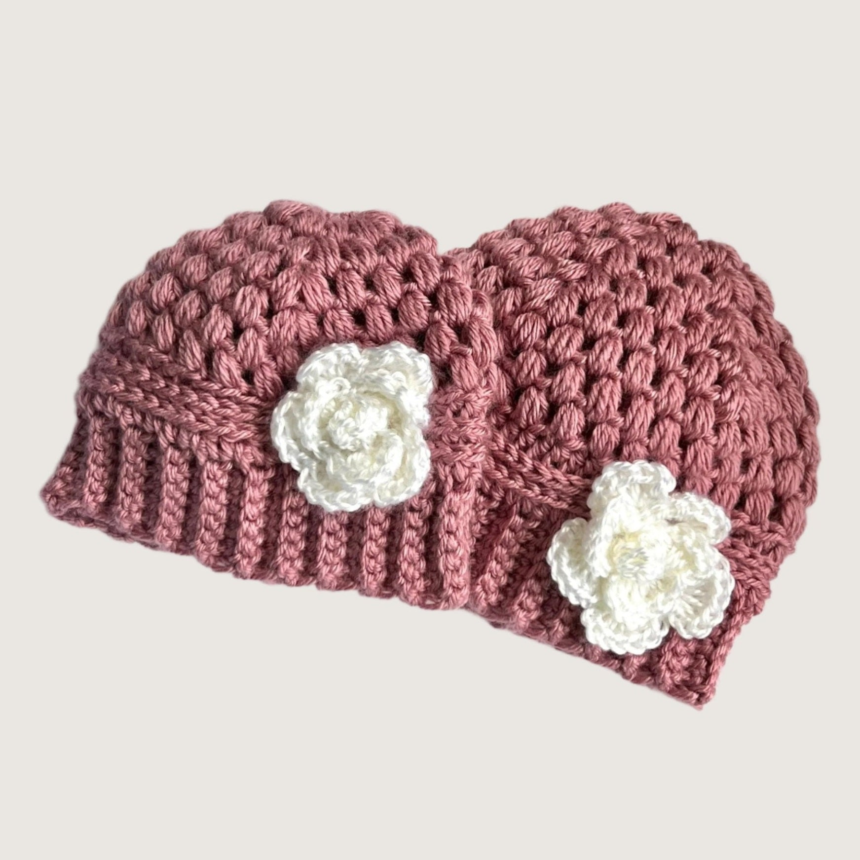 Baby girl hat, crochet hat for baby girl dusty rose pink with white crochet flower, fall or winter weather crochet hat various sizes - Lilly Grace Sparkle Boutique