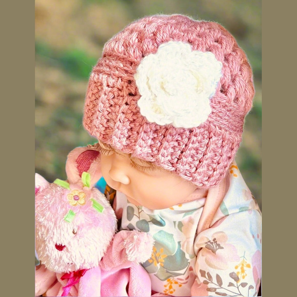 Baby girl hat, crochet hat for baby girl dusty rose pink with white crochet flower, fall or winter weather crochet hat various sizes - Lilly Grace Sparkle Boutique