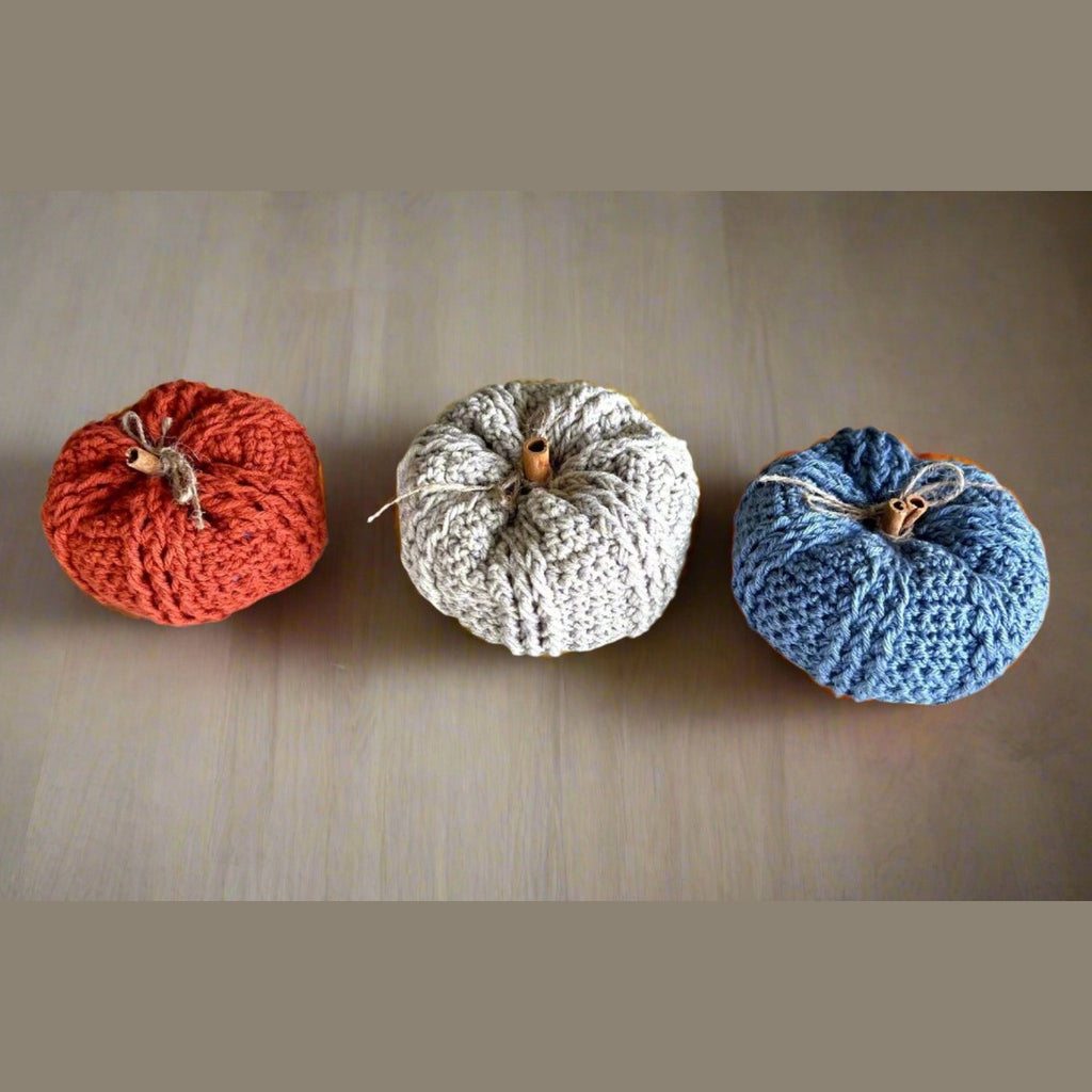 Decorative handmade crochet pumpkin in blue, pumpkin spice and terracota colors, autumn decor, fall room decor, blue pumpkin, pumpkin set - Lilly Grace Sparkle Boutique