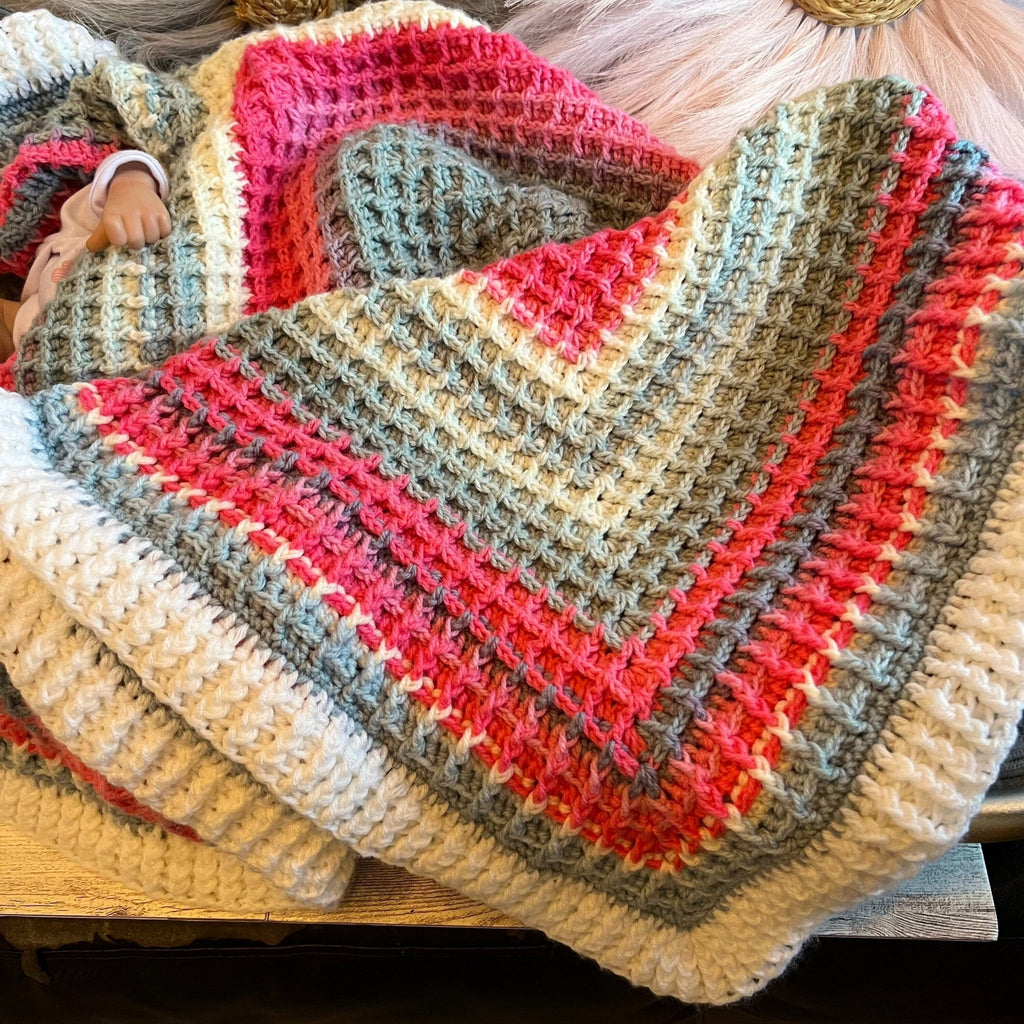 Handmade Crochet baby blanket pink, white, and gray colors - Lilly Grace Sparkle Boutique