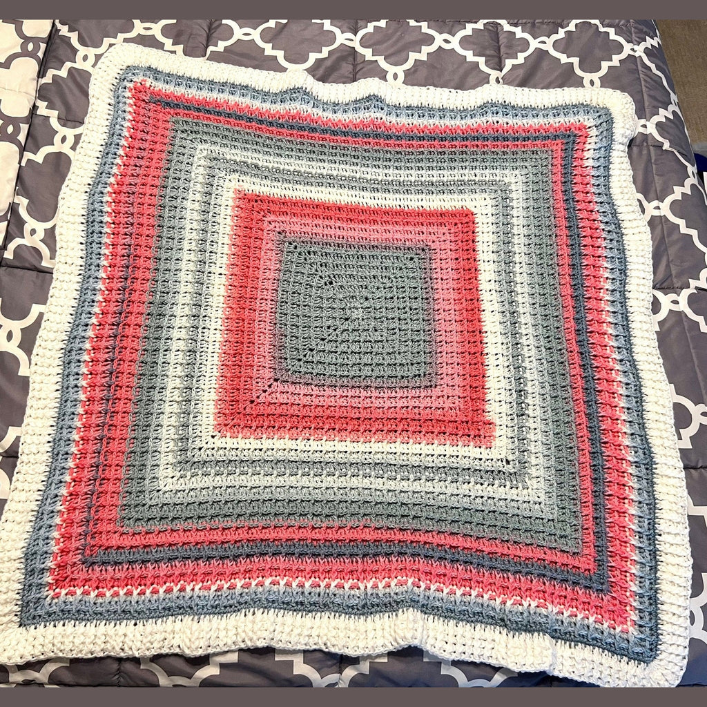 Handmade Crochet baby blanket pink, white, and gray colors - Lilly Grace Sparkle Boutique