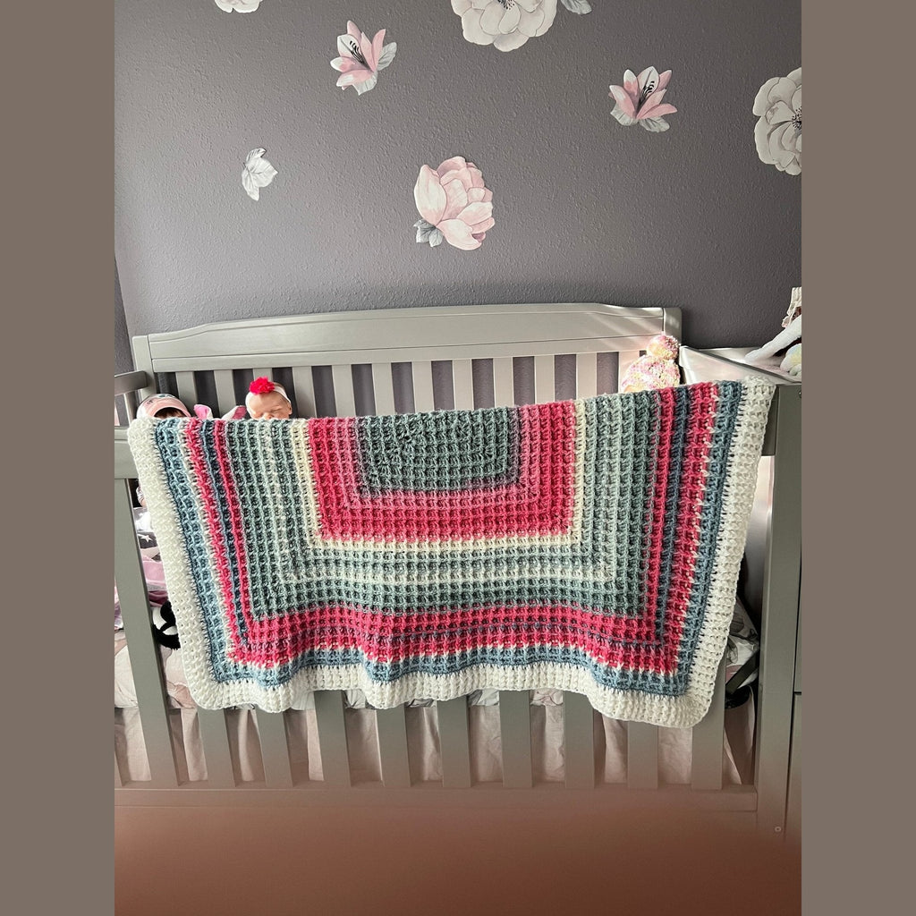 Handmade Crochet baby blanket pink, white, and gray colors - Lilly Grace Sparkle Boutique