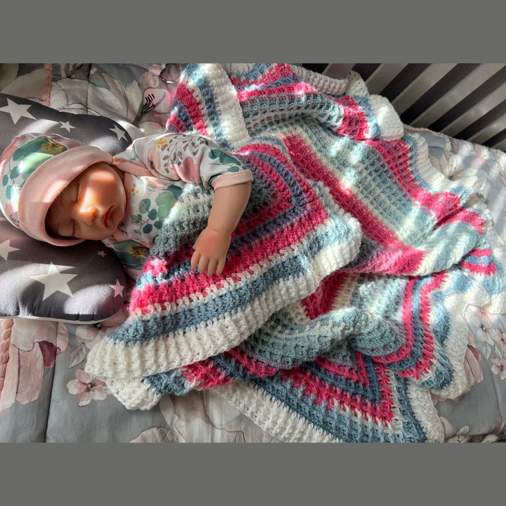 Handmade Crochet baby blanket pink, white, and gray colors - Lilly Grace Sparkle Boutique