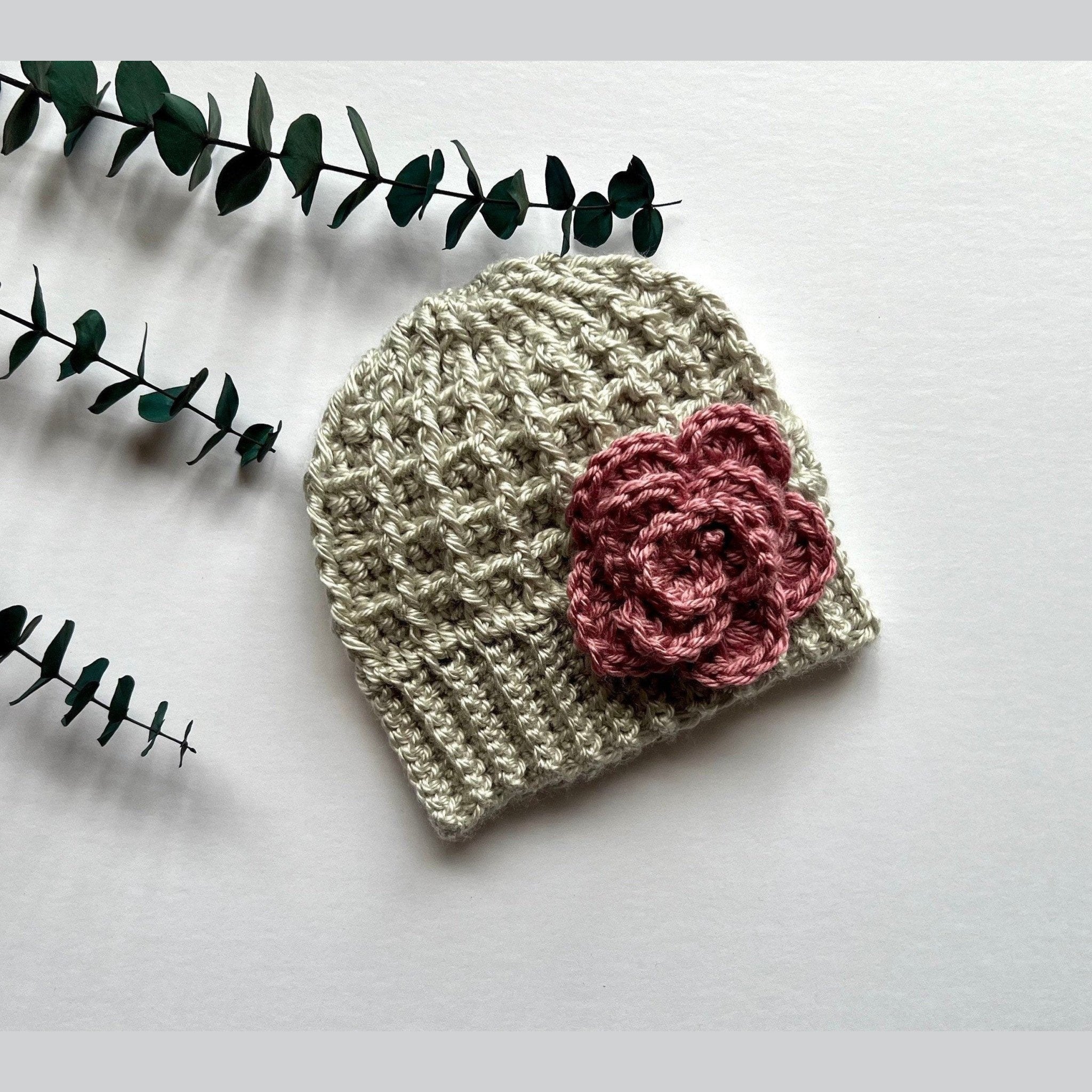 Handmade crochet hat for a baby girl, silver/light gray hat with pink crochet flower, hat for toddler girl, hat for baby girl - Lilly Grace Sparkle Boutique