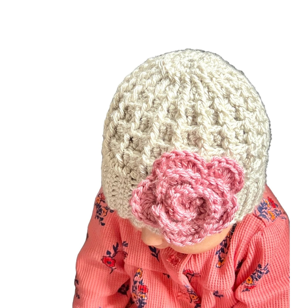 Handmade crochet hat for a baby girl, silver/light gray hat with pink crochet flower, hat for toddler girl, hat for baby girl - Lilly Grace Sparkle Boutique
