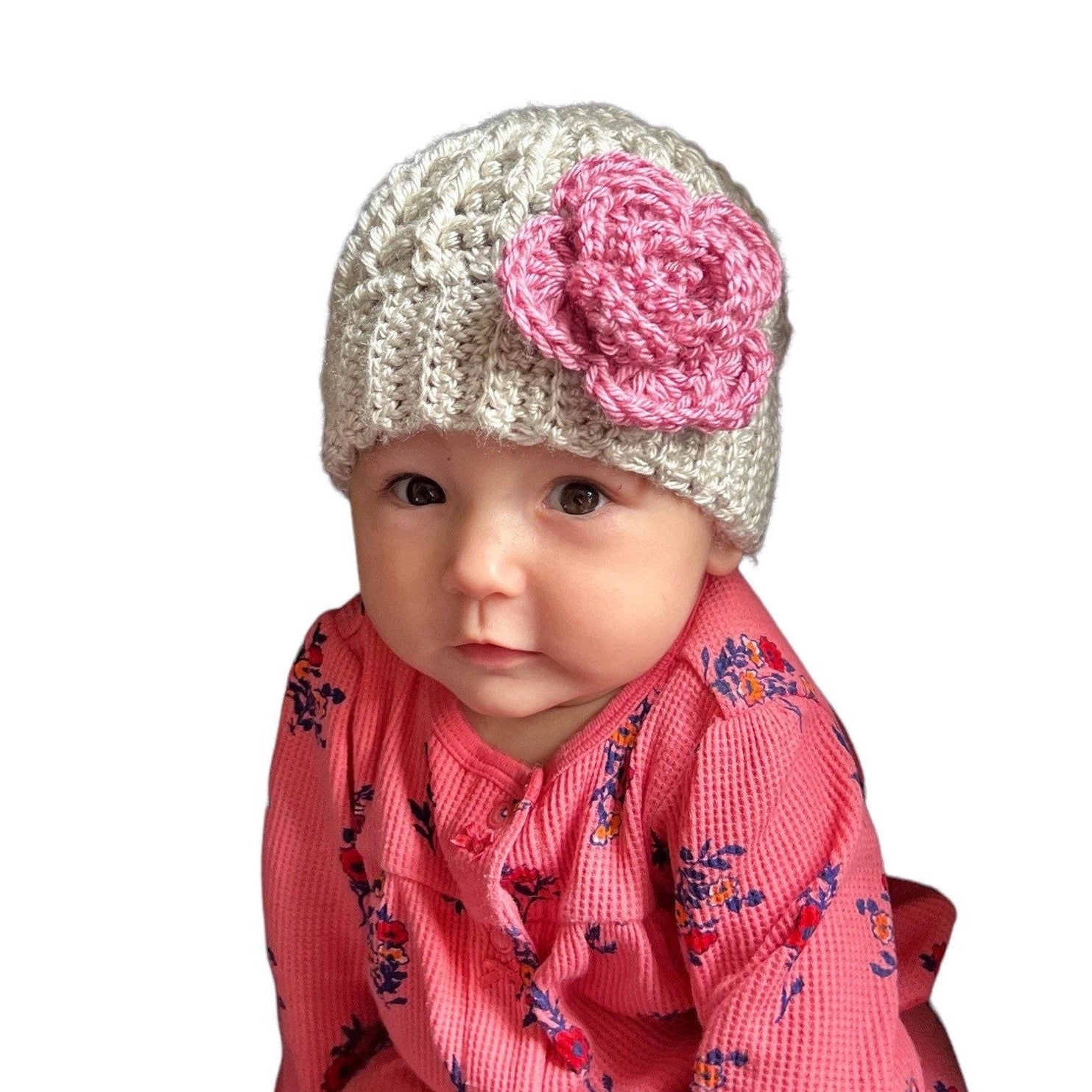 Handmade crochet hat for a baby girl, silver/light gray hat with pink crochet flower, hat for toddler girl, different sizes available - Lilly Grace Sparkle Boutique