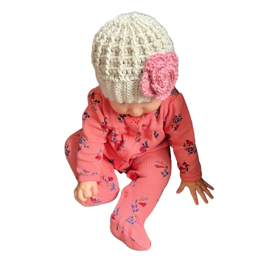 Handmade crochet hat for a baby girl, silver/light gray hat with pink crochet flower, hat for toddler girl, different sizes available - Lilly Grace Sparkle Boutique