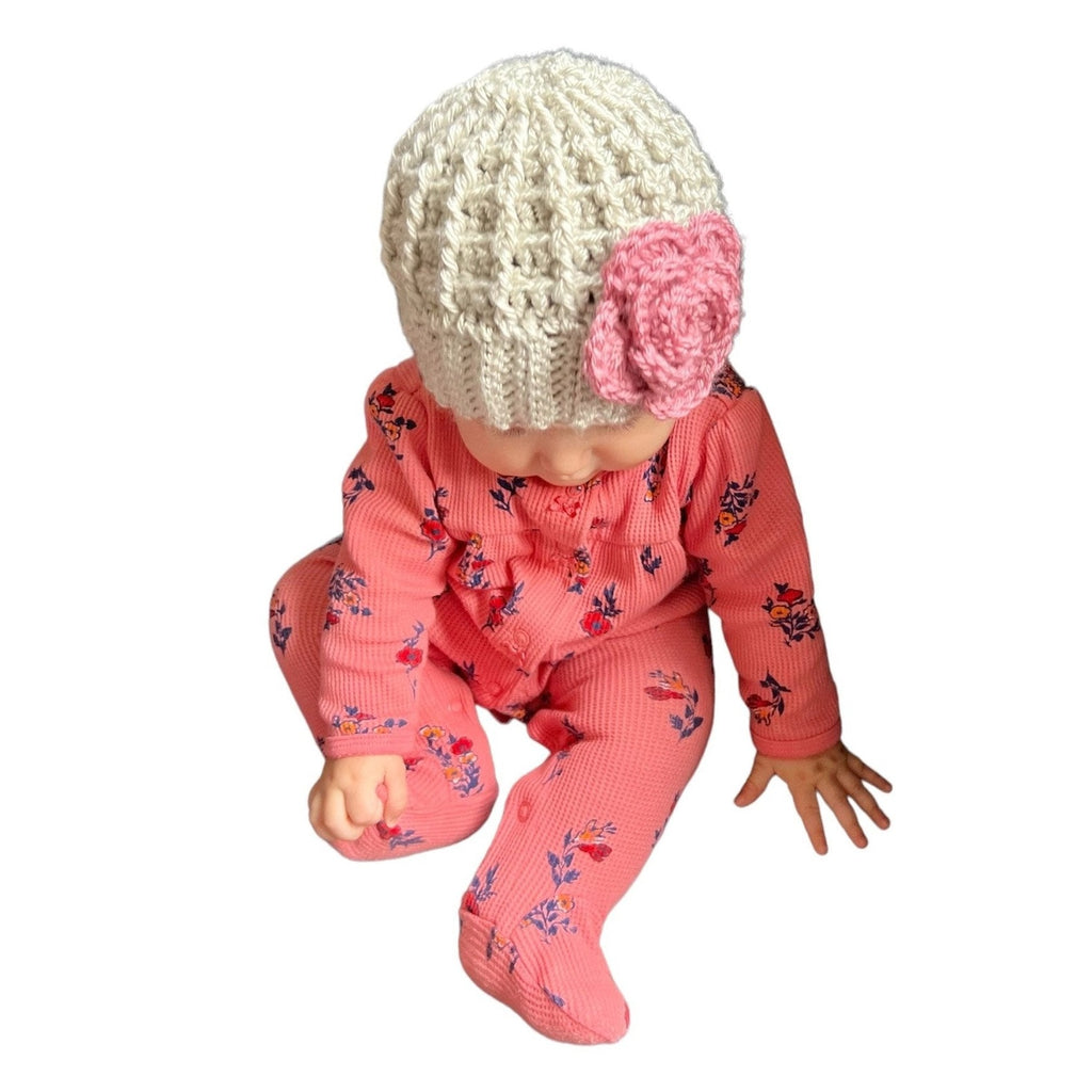 Handmade crochet hat for a baby girl, silver/light gray hat with pink crochet flower, hat for toddler girl, hat for baby girl - Lilly Grace Sparkle Boutique