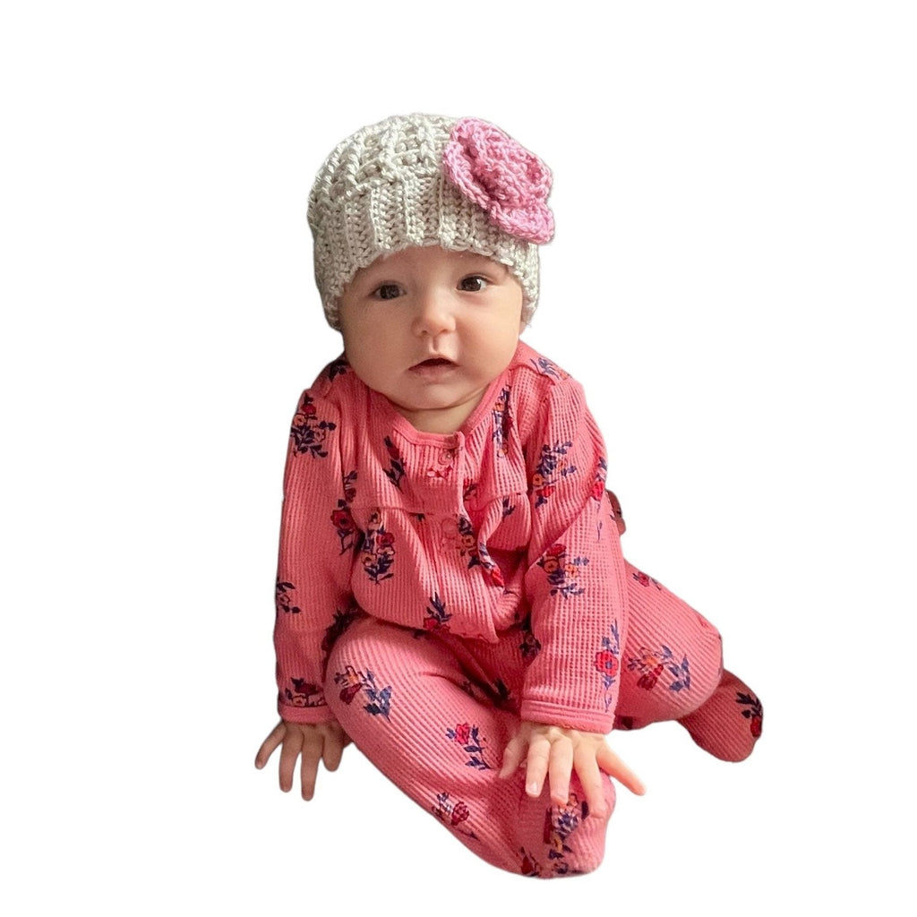 Handmade crochet hat for a baby girl, silver/light gray hat with pink crochet flower, hat for toddler girl, hat for baby girl - Lilly Grace Sparkle Boutique