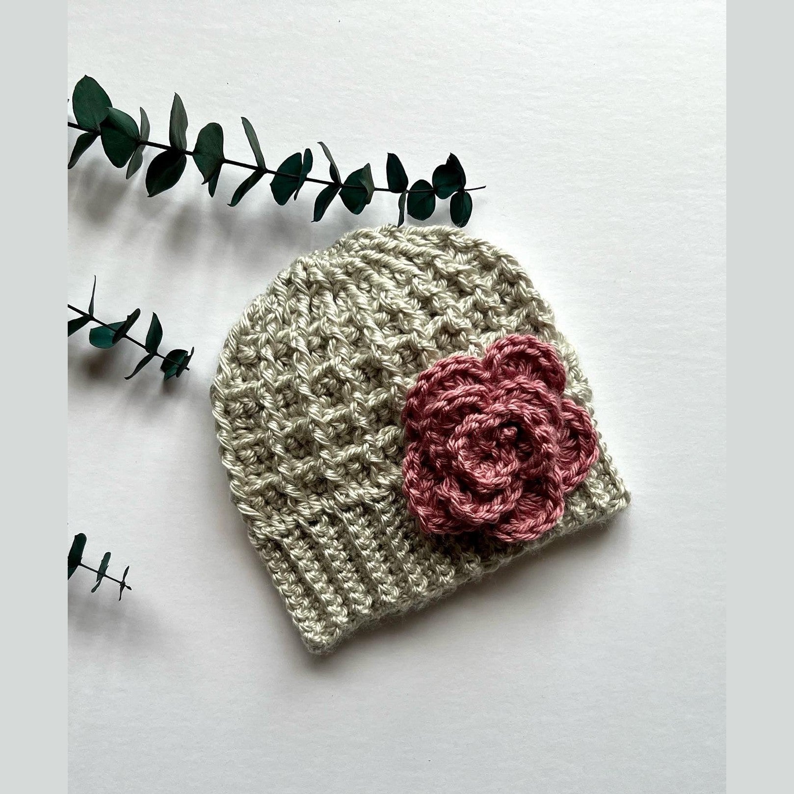 Silver/light gray hat with pink crochet flower - Lilly Grace Sparkle Boutique