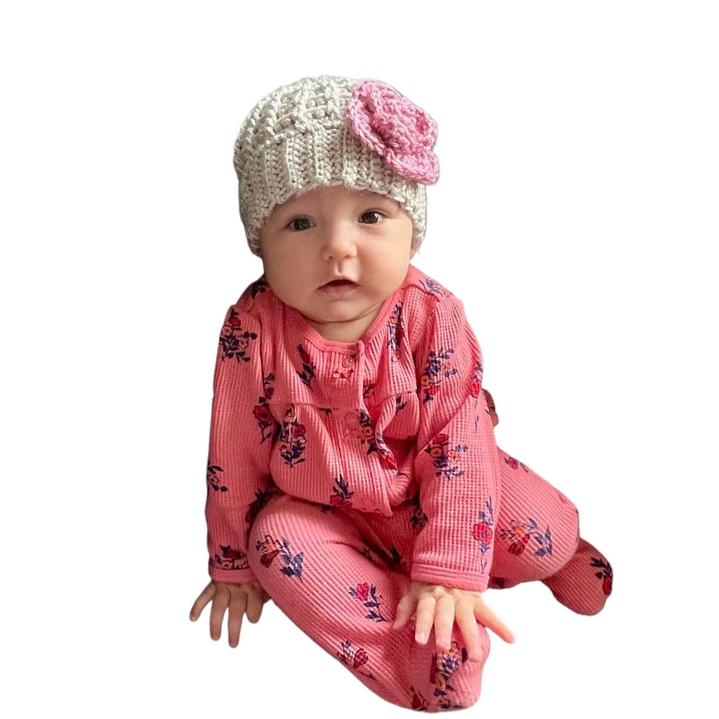 Silver/light gray hat with pink crochet flower - Lilly Grace Sparkle Boutique