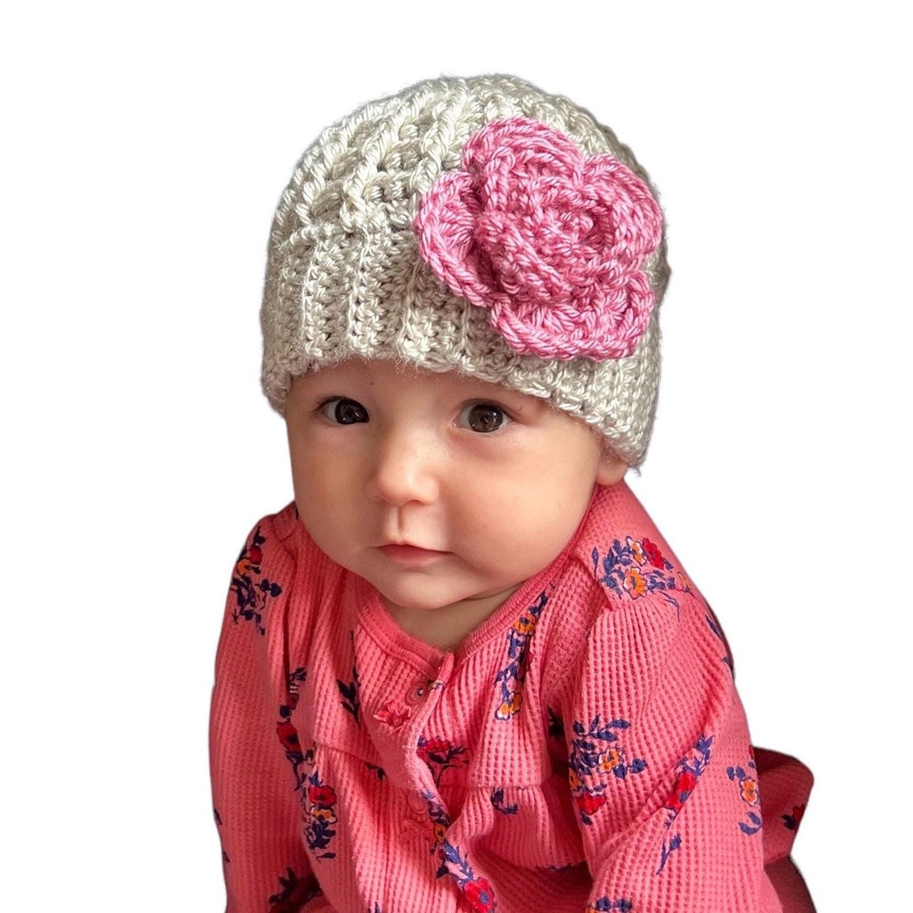 Silver/light gray hat with pink crochet flower - Lilly Grace Sparkle Boutique