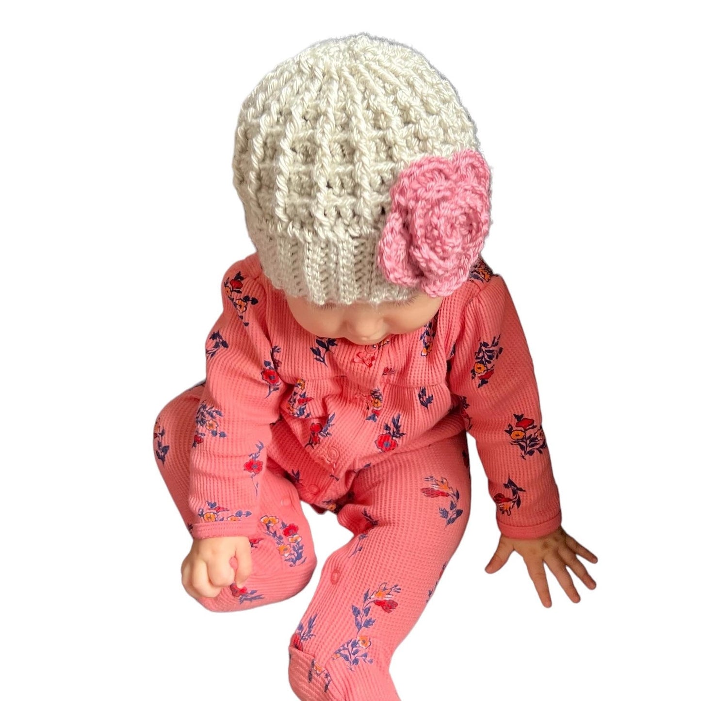 Silver/light gray hat with pink crochet flower - Lilly Grace Sparkle Boutique