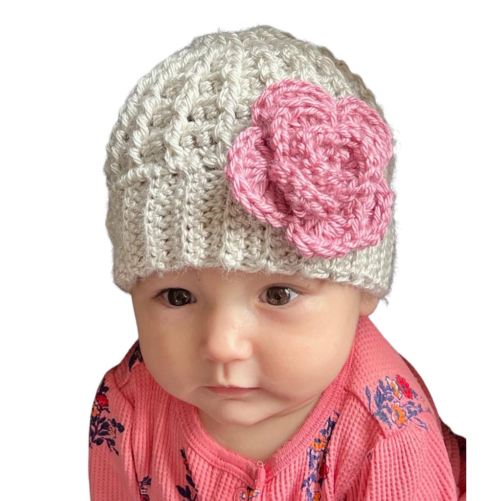 Silver/light gray hat with pink crochet flower - Lilly Grace Sparkle Boutique