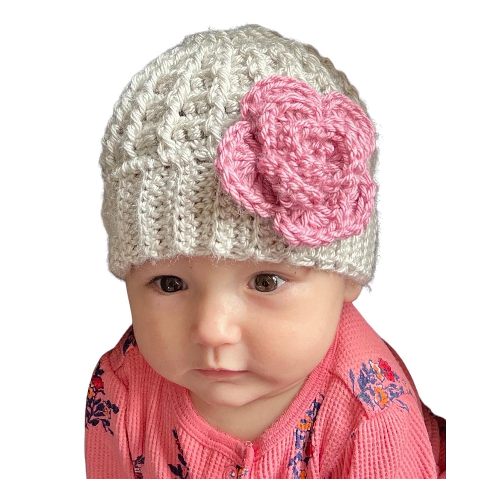Silver/light gray hat with pink crochet flower - Lilly Grace Sparkle Boutique