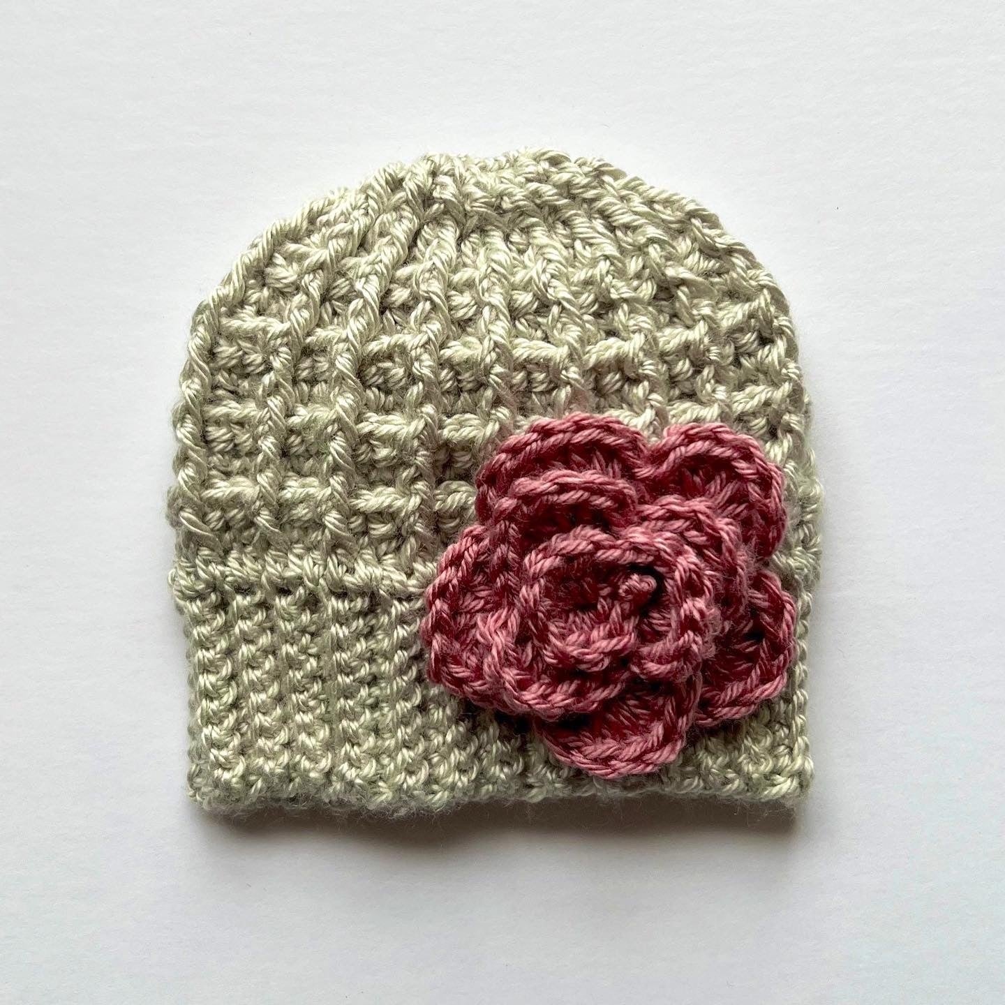 Silver/light gray hat with pink crochet flower - Lilly Grace Sparkle Boutique
