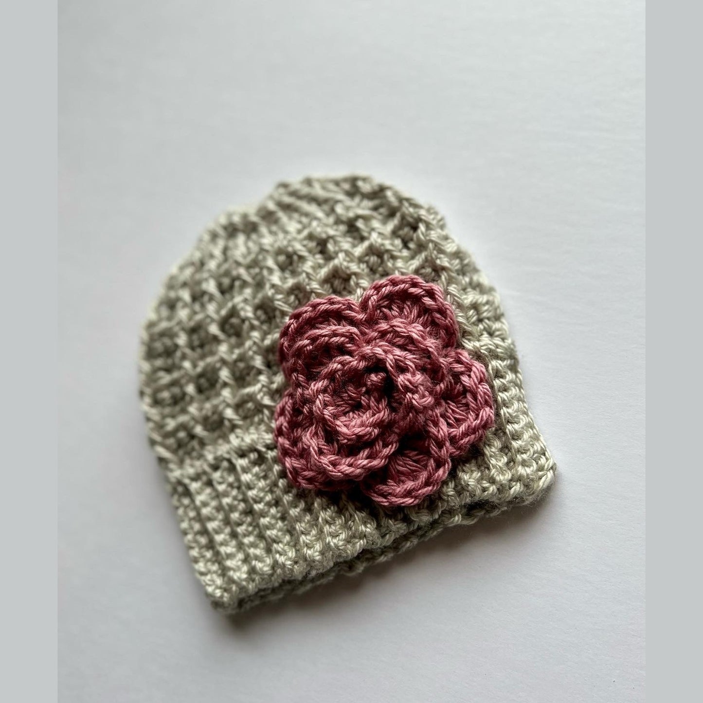 Silver/light gray hat with pink crochet flower - Lilly Grace Sparkle Boutique
