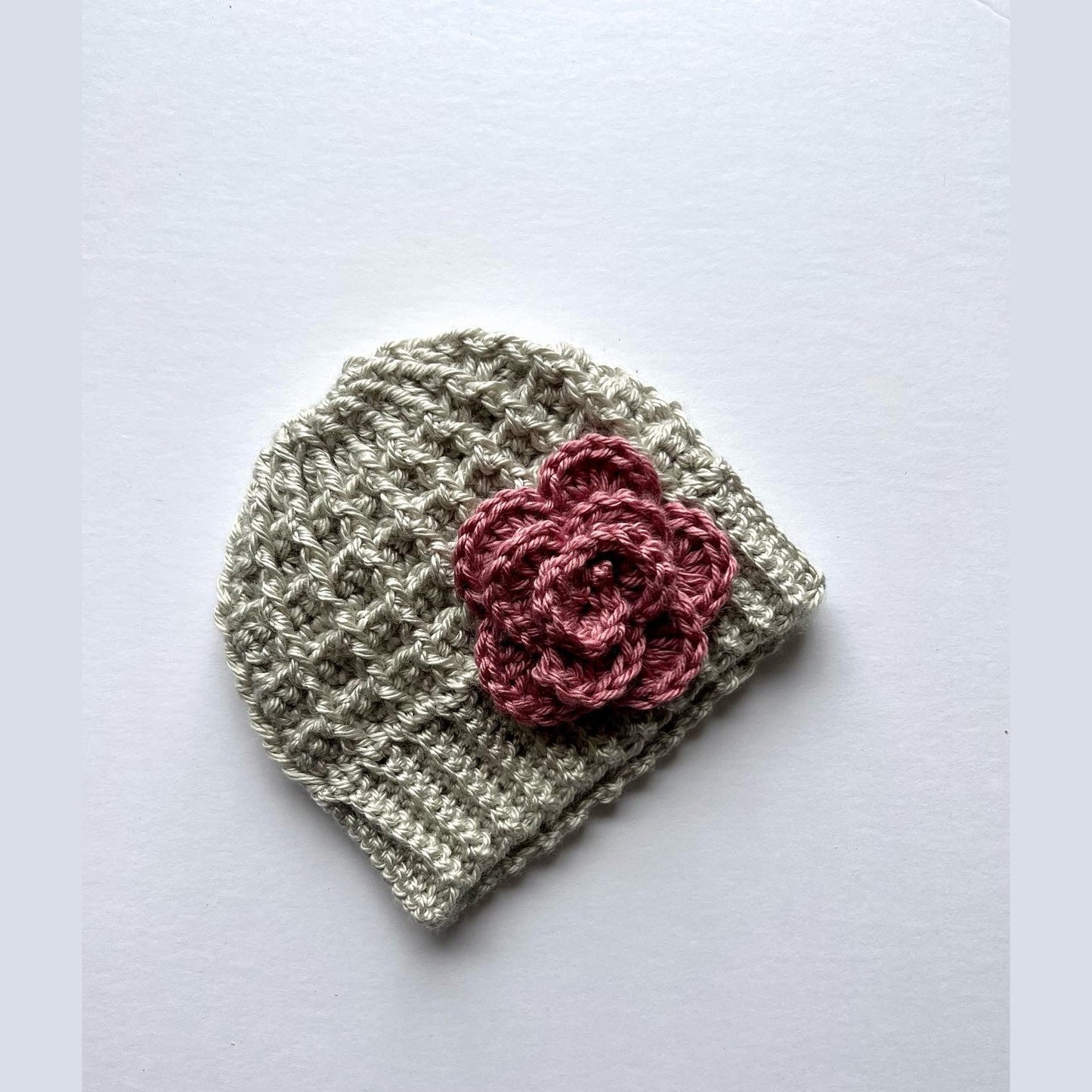 Silver/light gray hat with pink crochet flower - Lilly Grace Sparkle Boutique